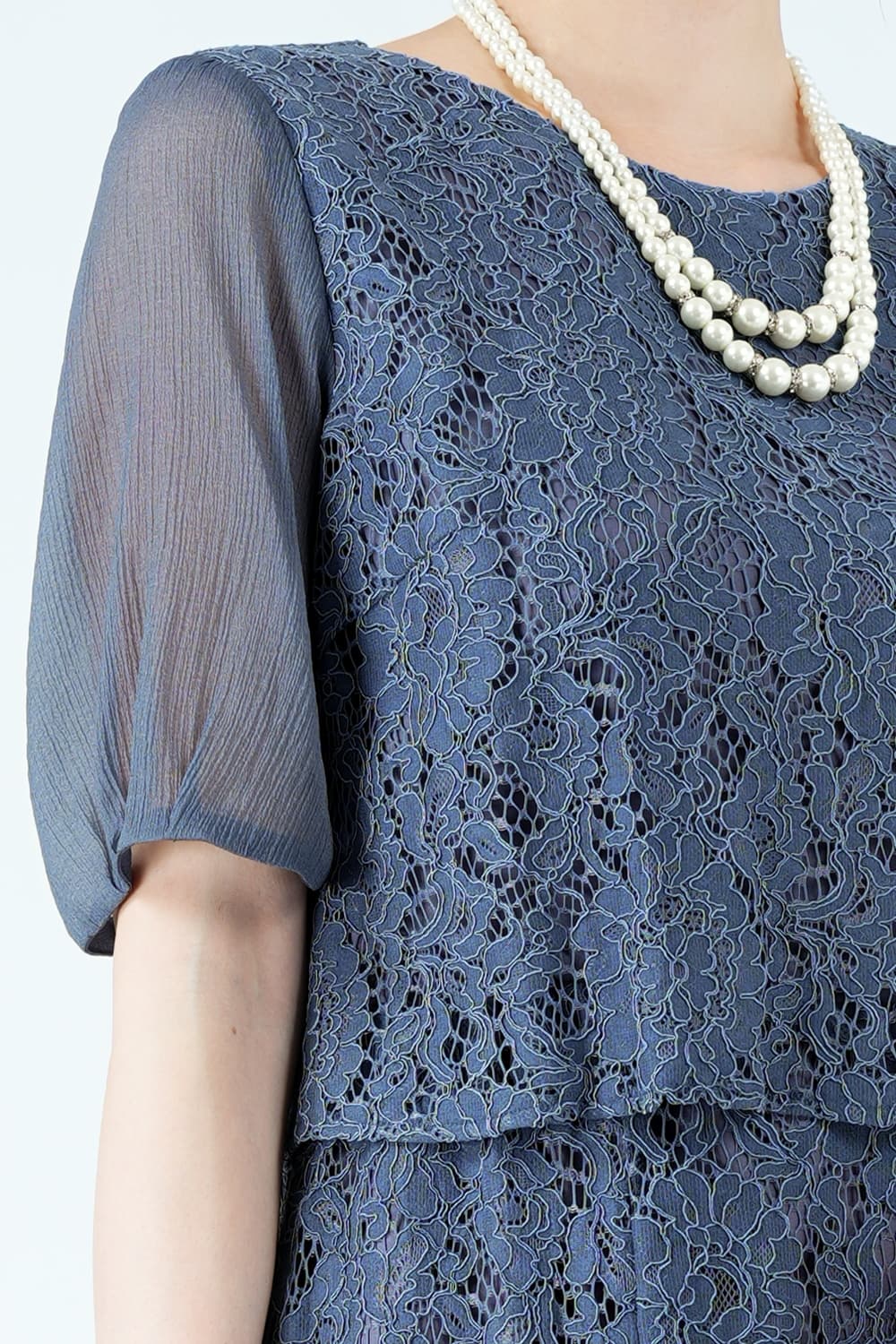 シアー袖マーメイドラインネイビードレス