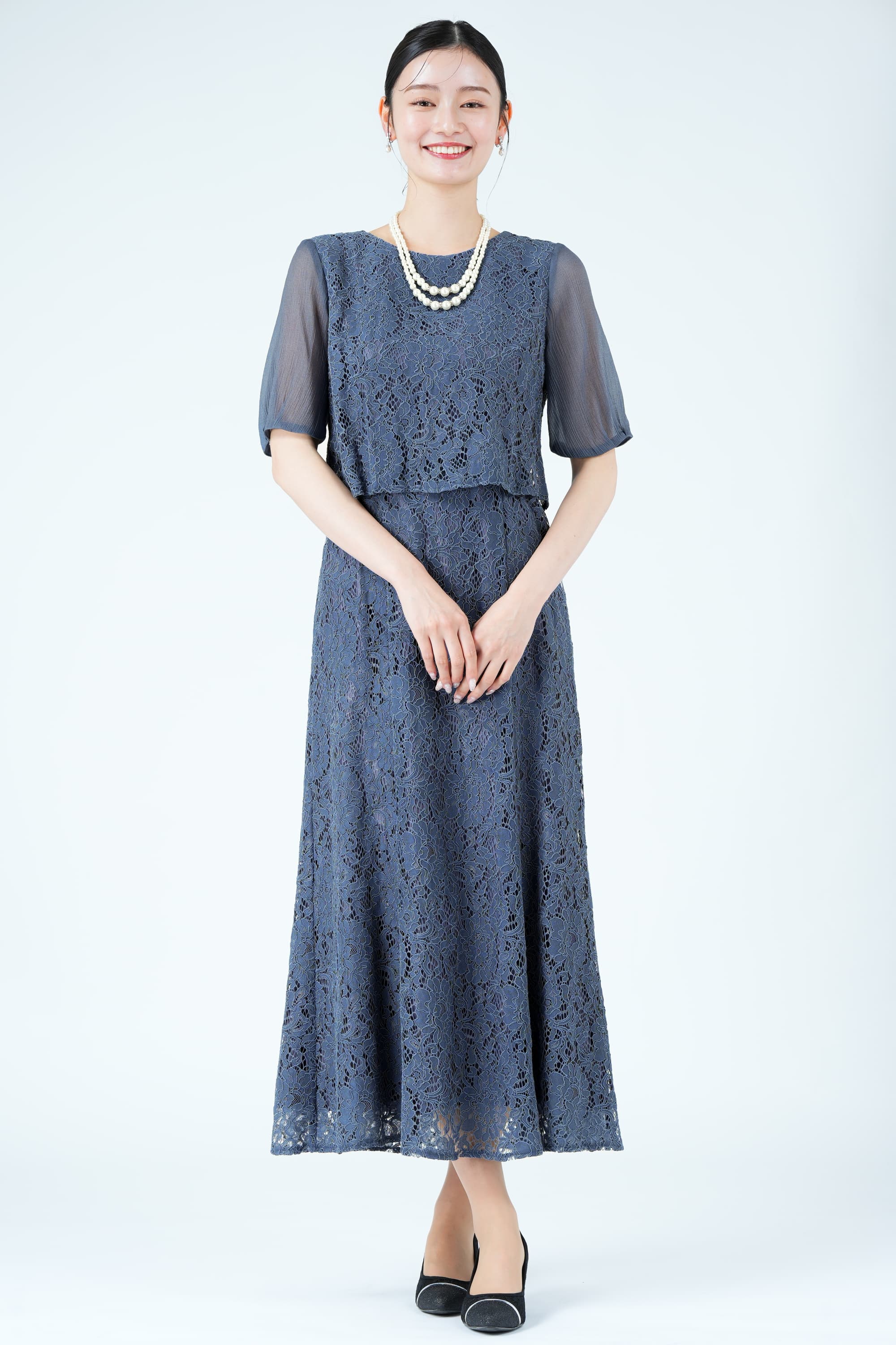 シアー袖マーメイドラインネイビードレス