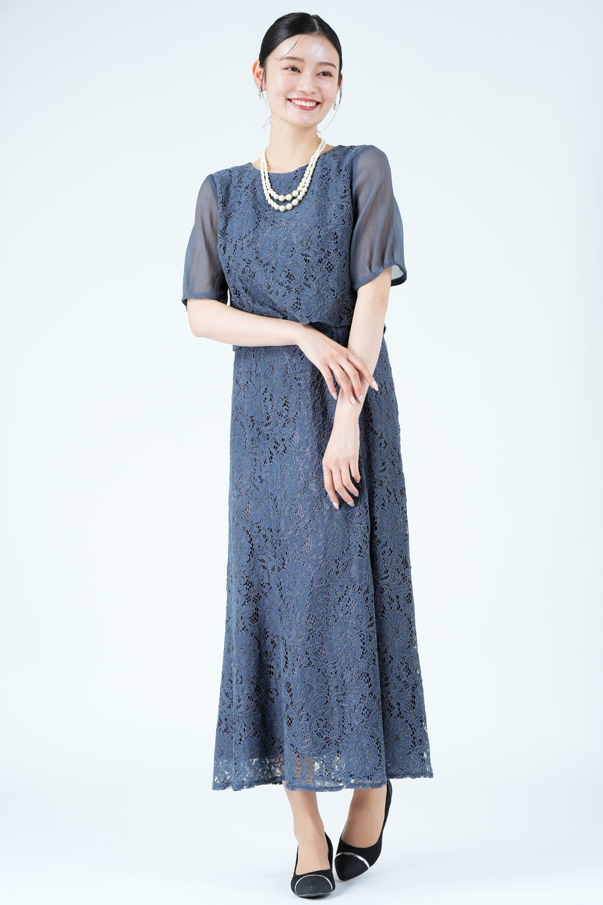 シアー袖マーメイドラインネイビードレス