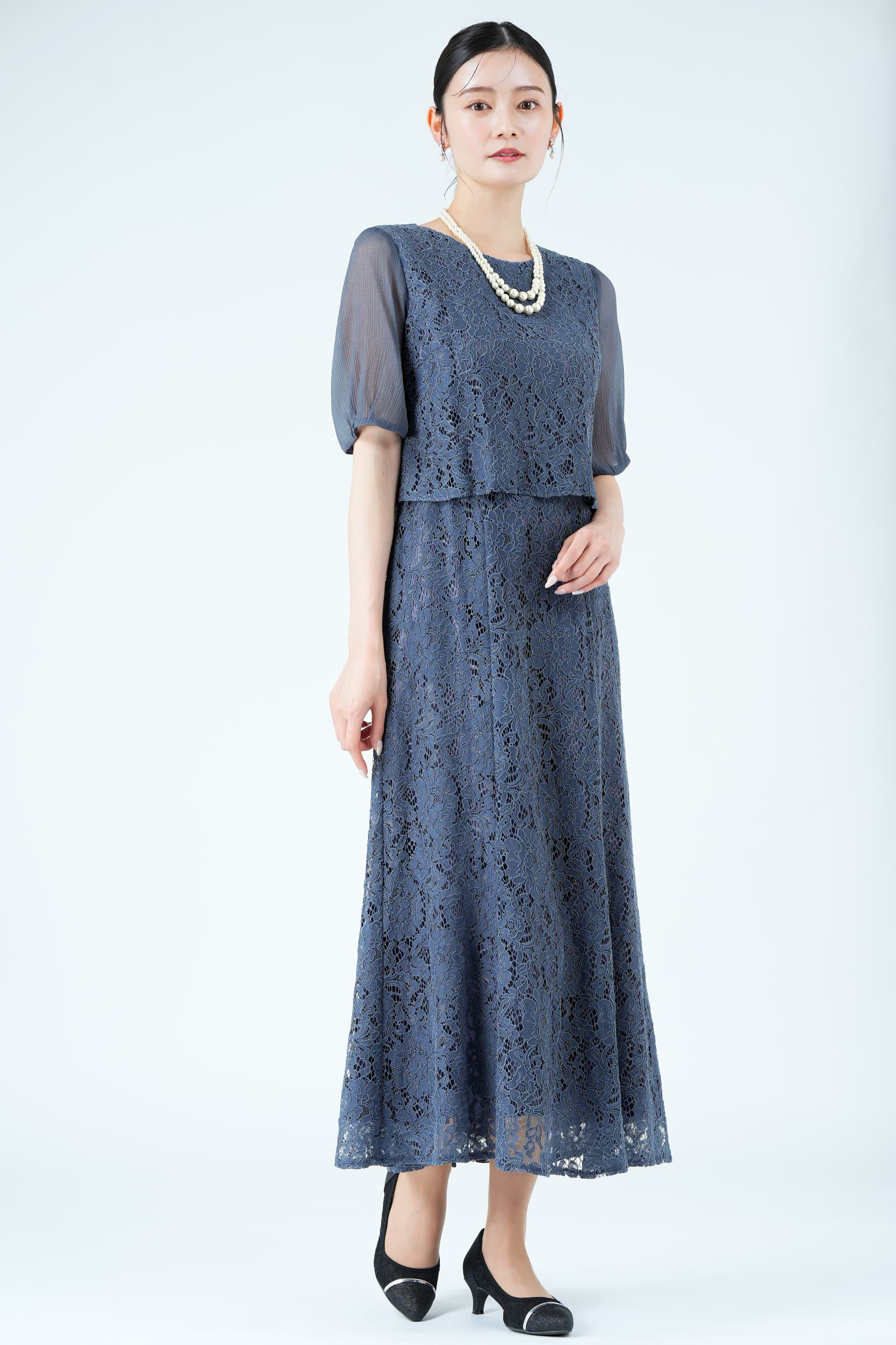 シアー袖マーメイドラインネイビードレス