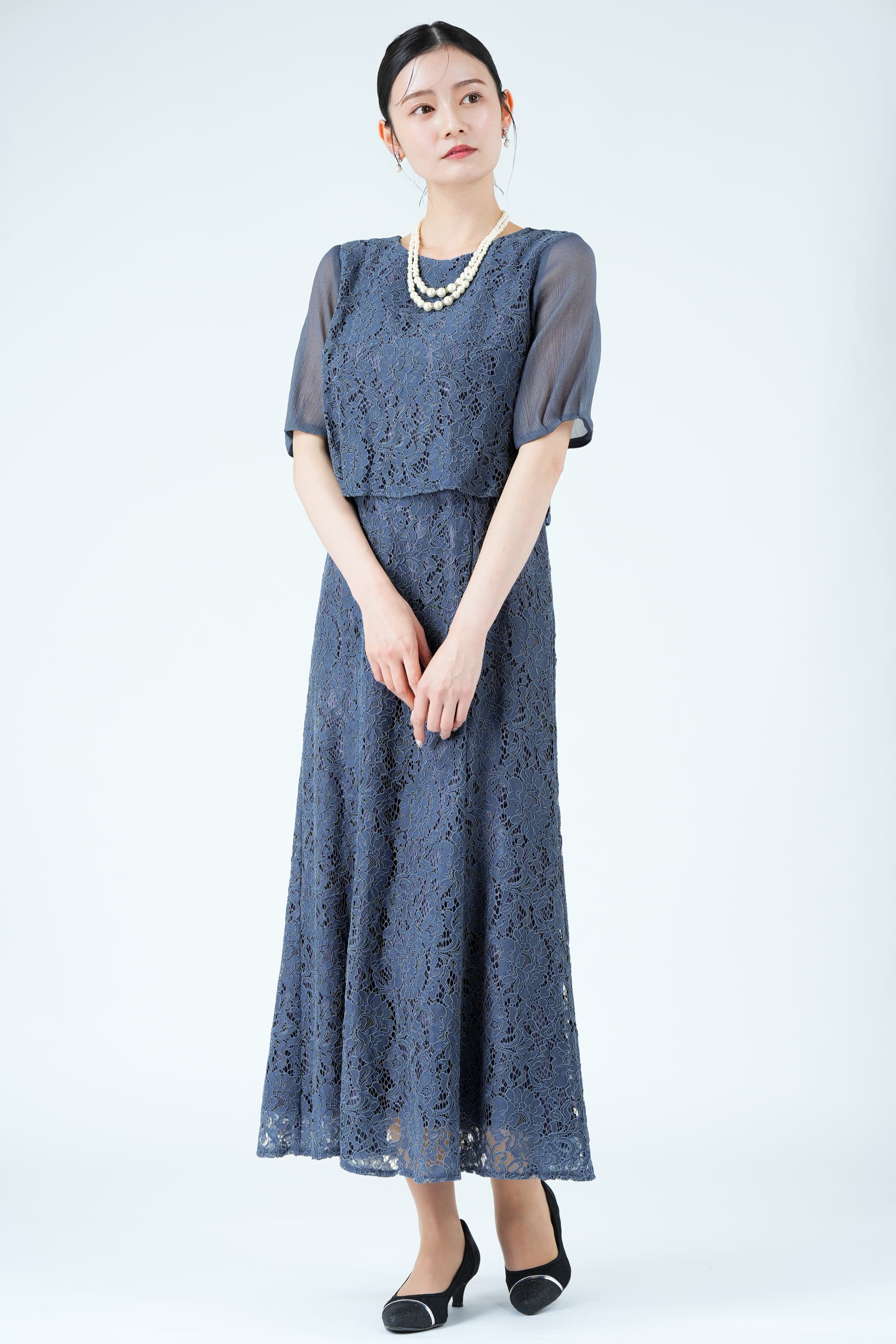 シアー袖マーメイドラインネイビードレス