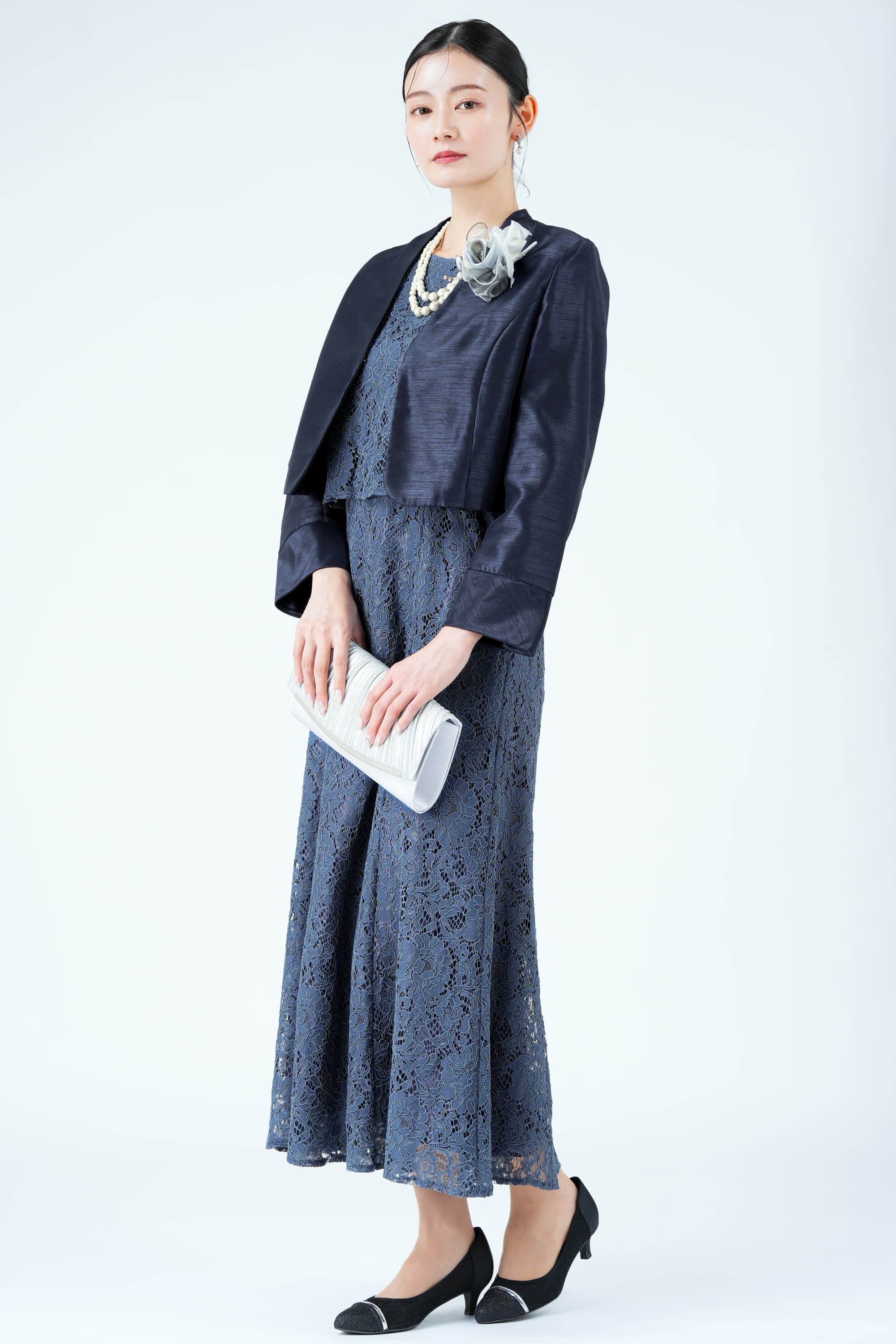 シアー袖マーメイドラインネイビードレス