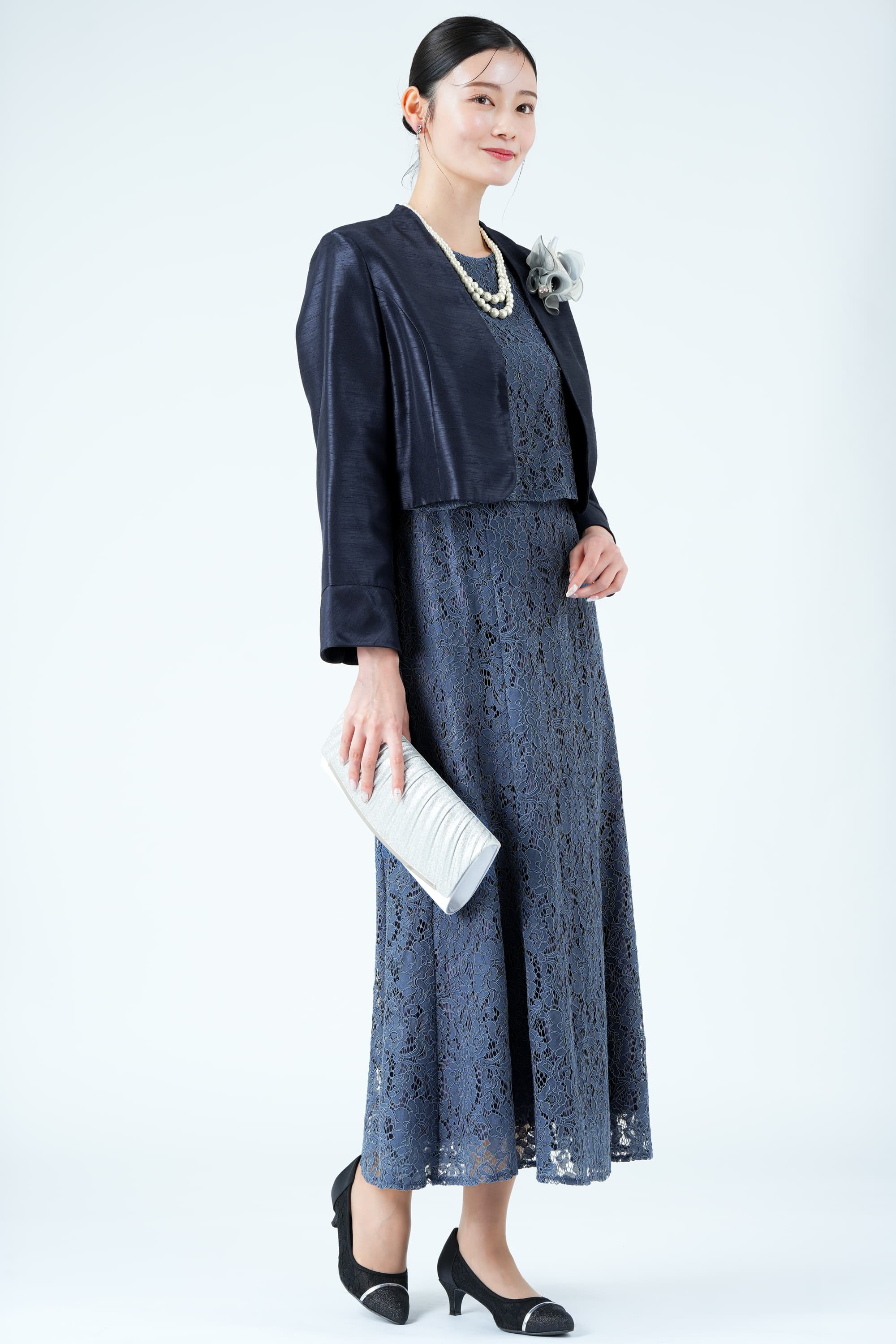 シアー袖マーメイドラインネイビードレス