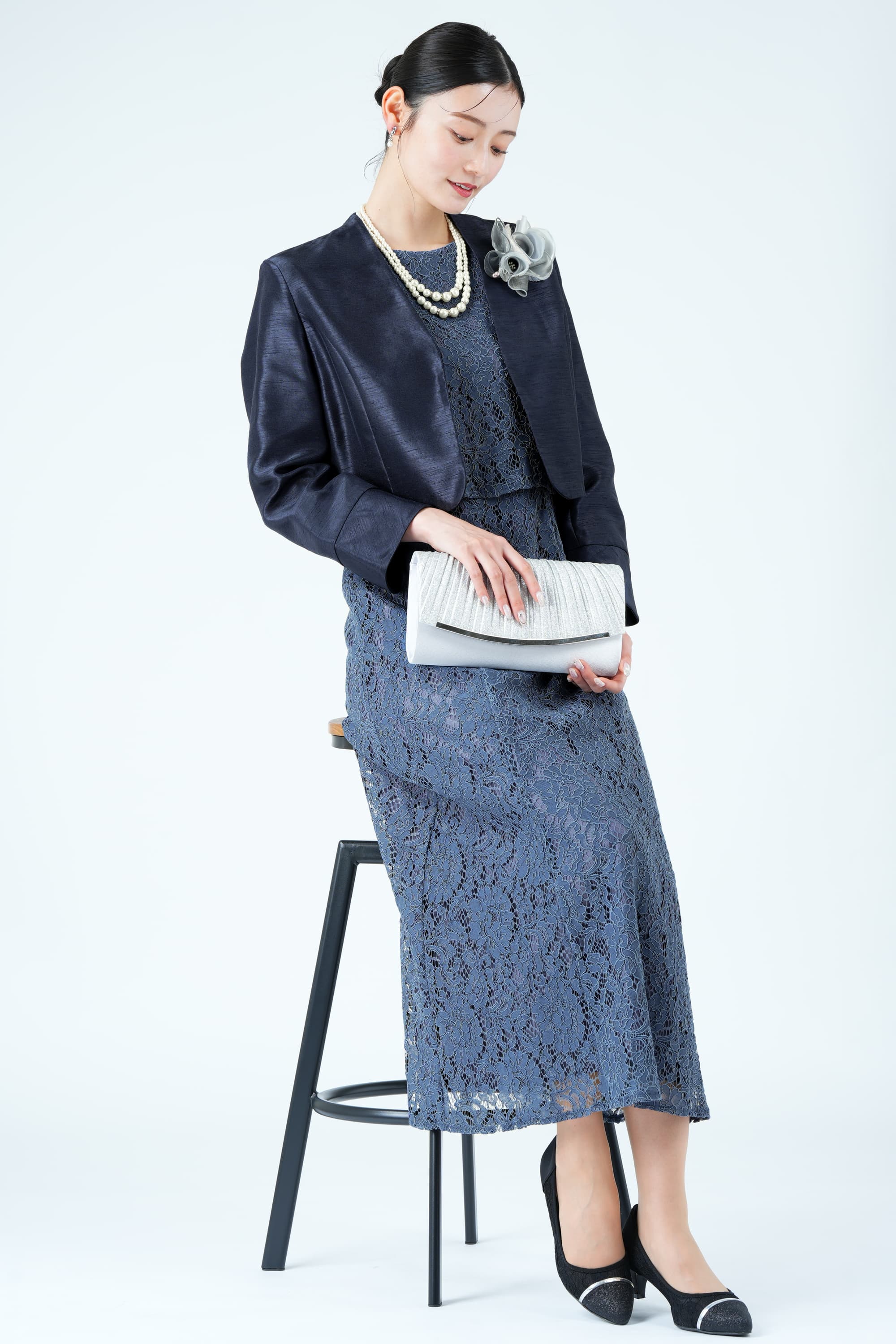 シアー袖マーメイドラインネイビードレス