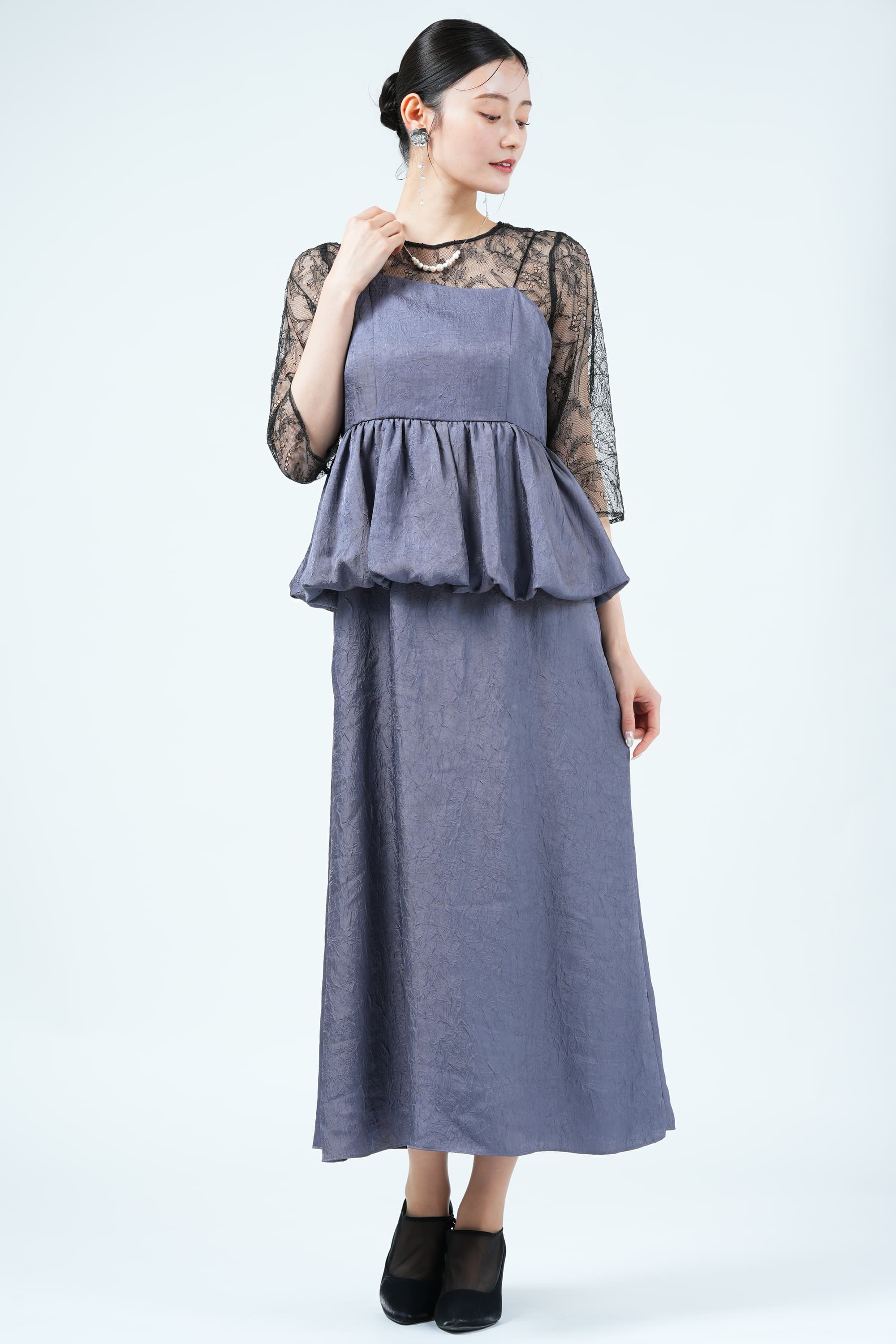 SHIPS クラッシュプリーツサテン×ペプラムネイビードレス (M) を