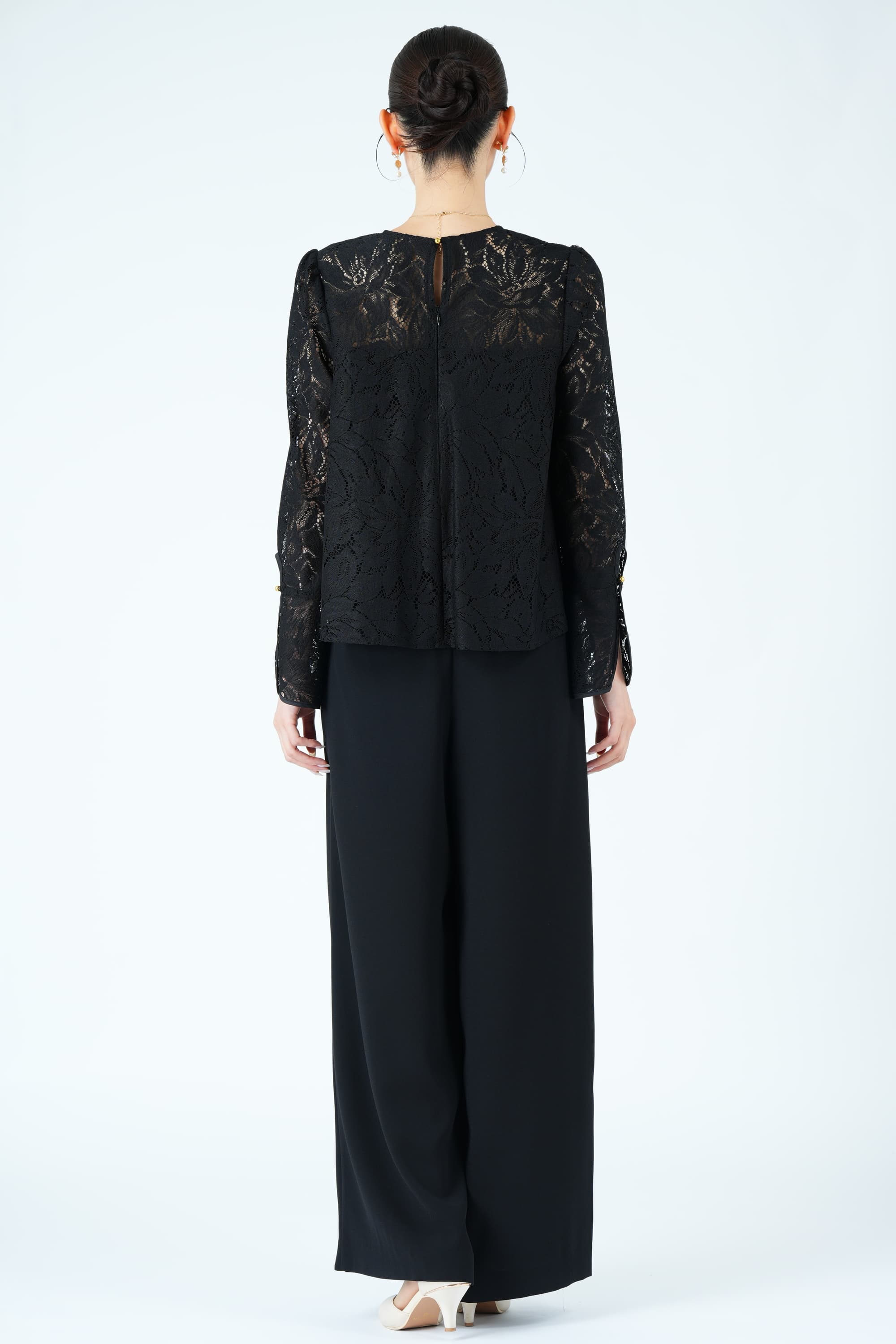 リーフ柄レース×ワイドブラックパンツドレス