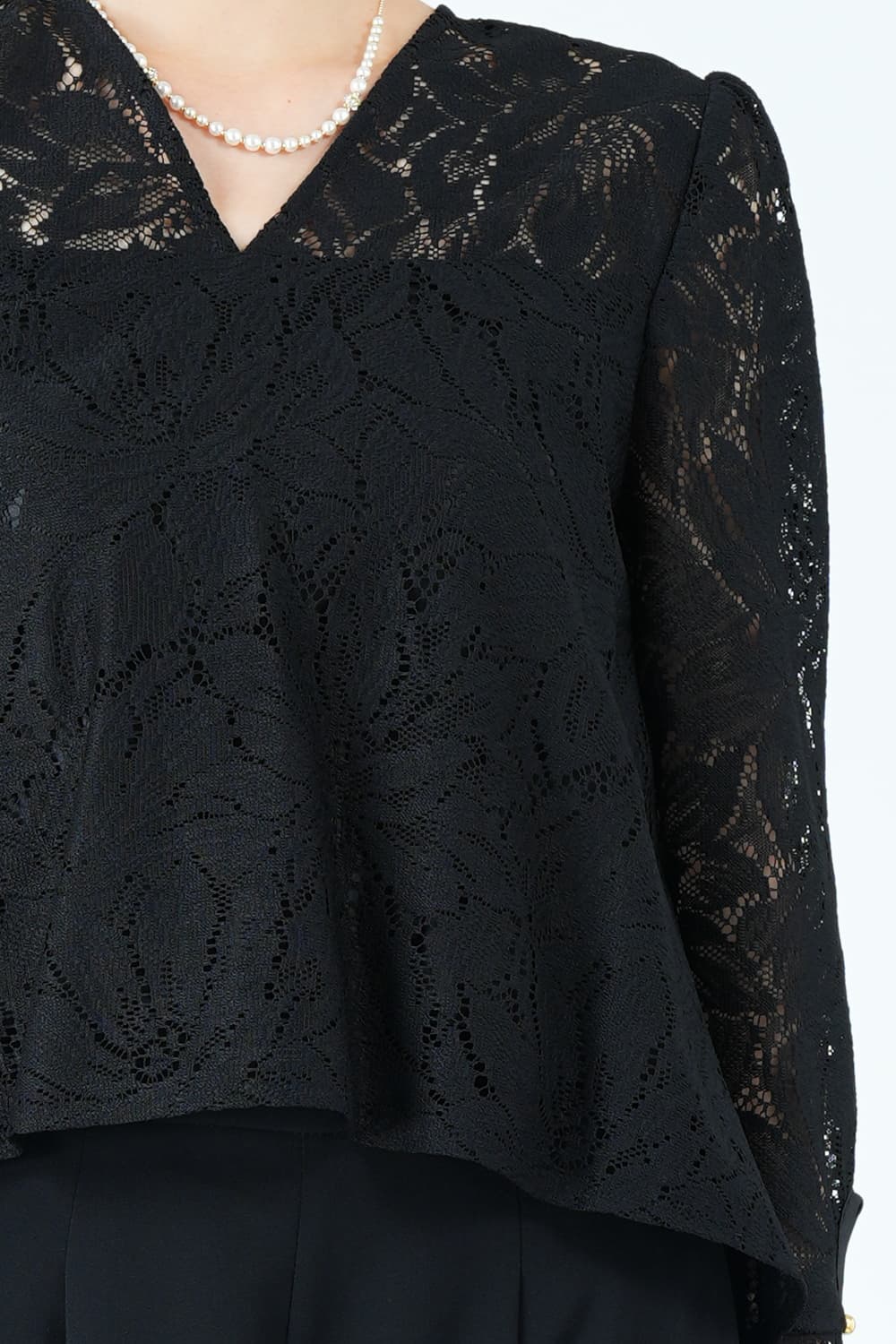 リーフ柄レース×ワイドブラックパンツドレス