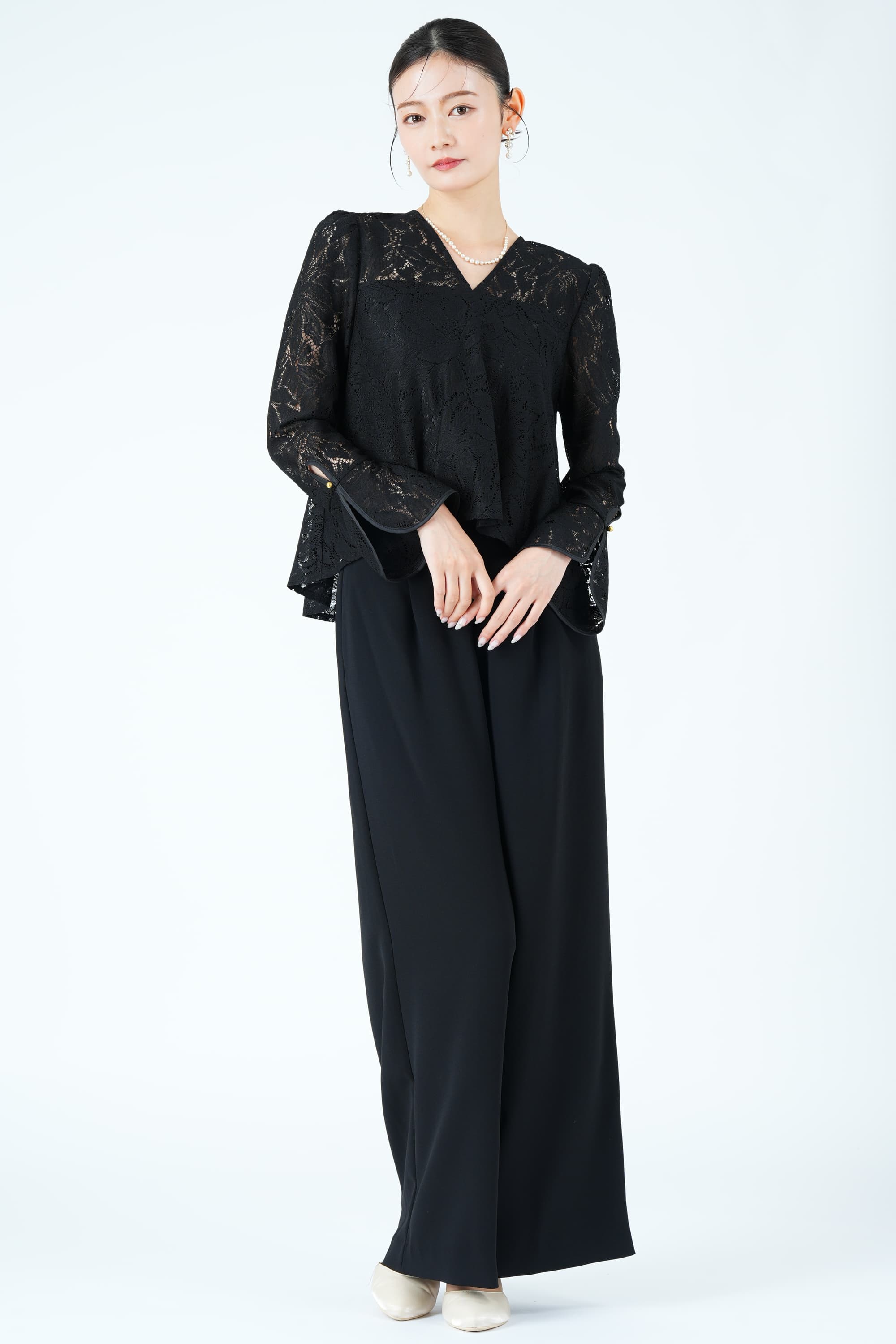 AIMER パンツドレス　ブラック　9号 AIMER リーフ柄レース×ワイドブラックパンツドレス (L) を