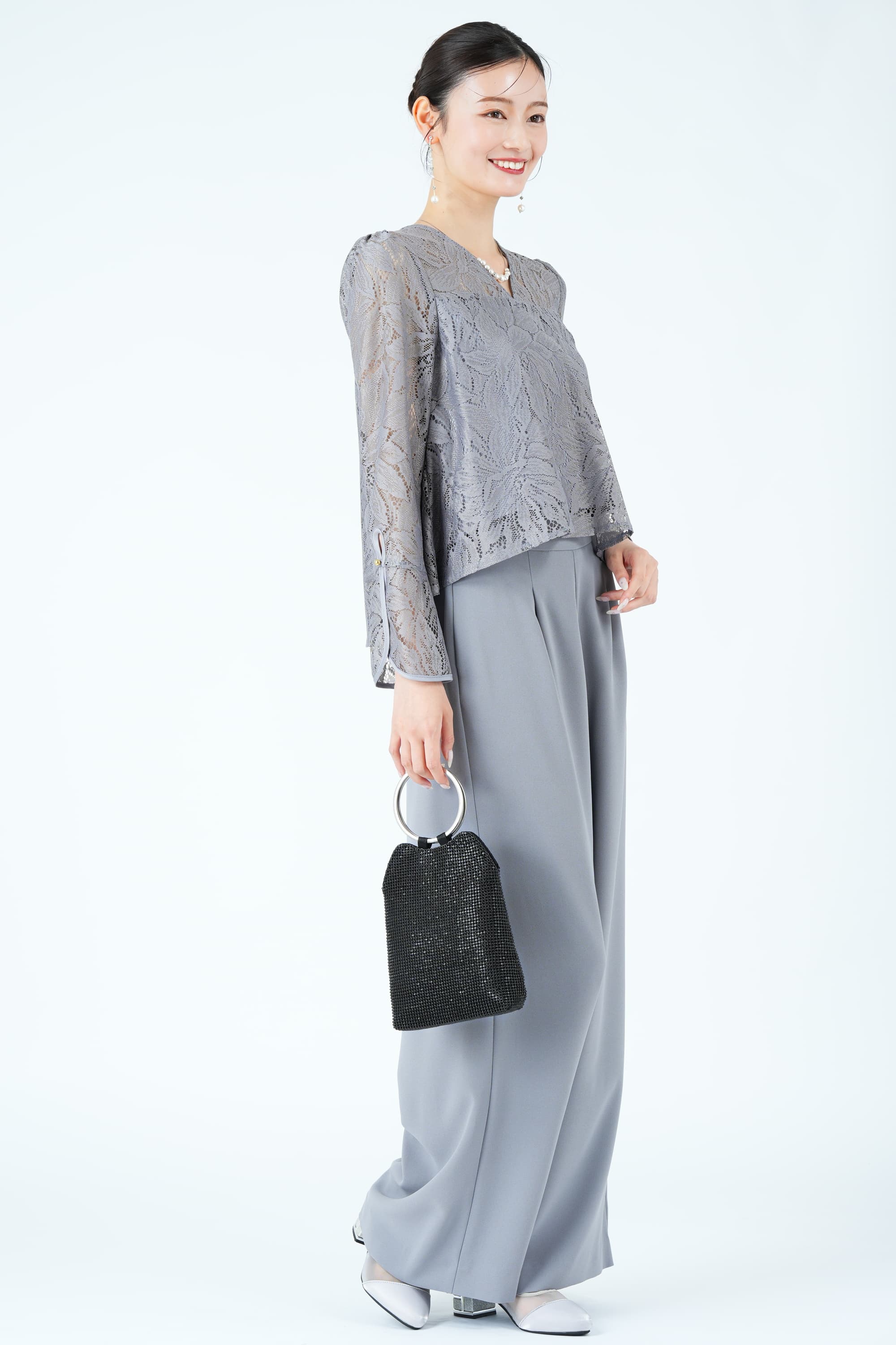 リーフ柄レース×ワイドくすみブルーパンツドレス