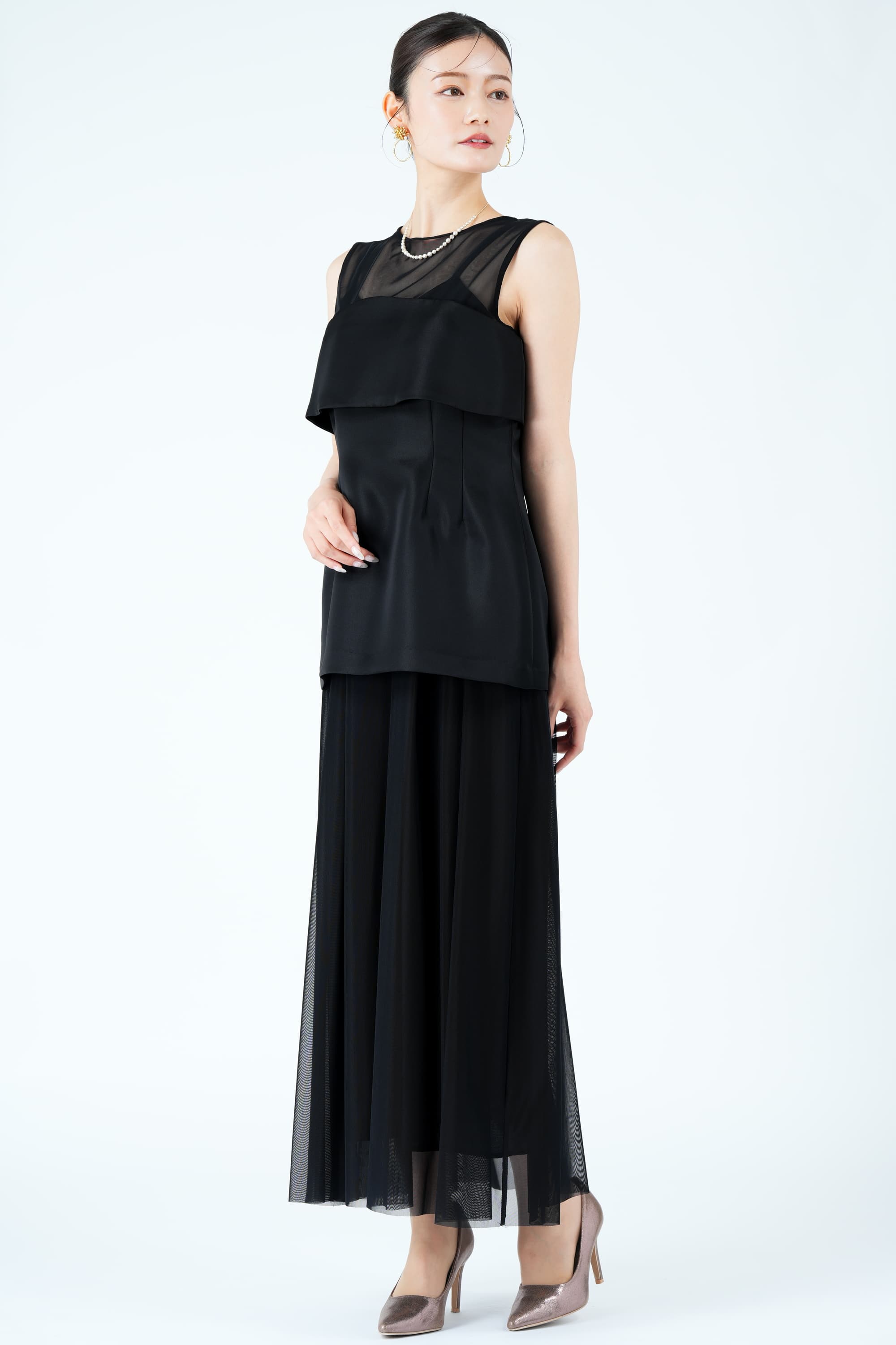 Ameri VINTAGE コルセット風レイヤードブラックドレス (M) を