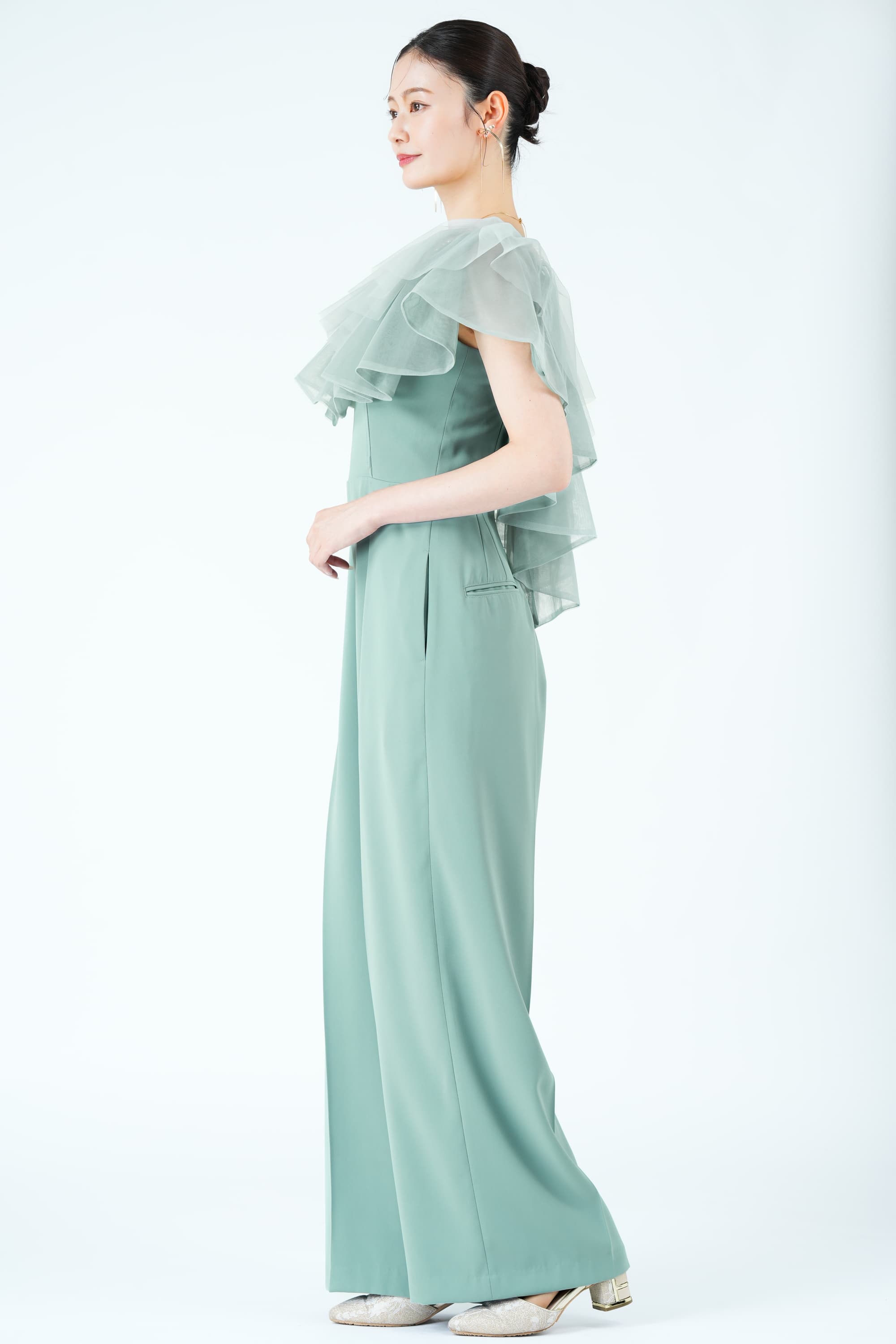 立体フリルカラーブルーグリーンパンツドレス