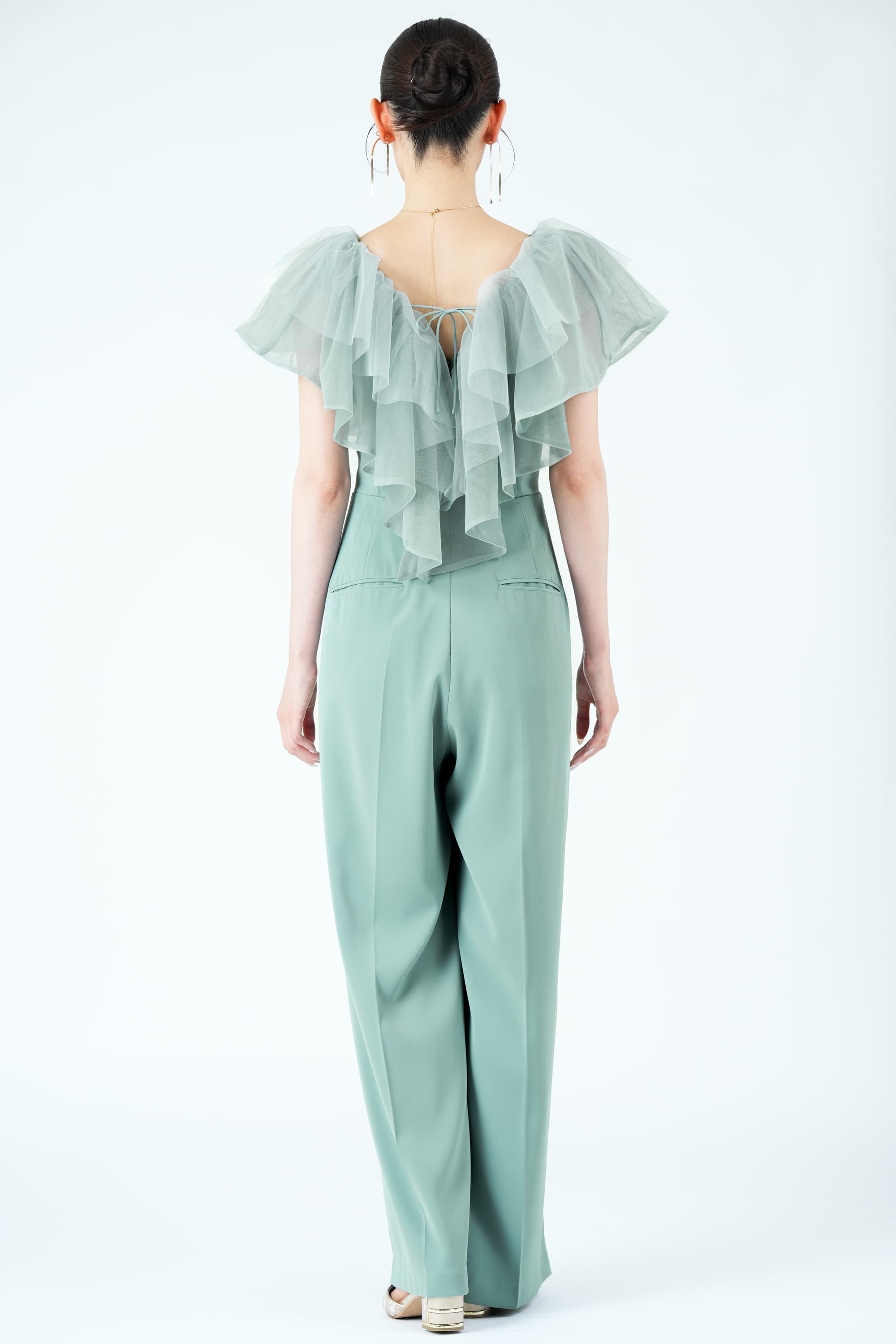 立体フリルカラーブルーグリーンパンツドレス