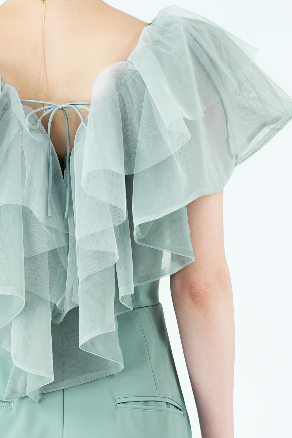 立体フリルカラーブルーグリーンパンツドレス