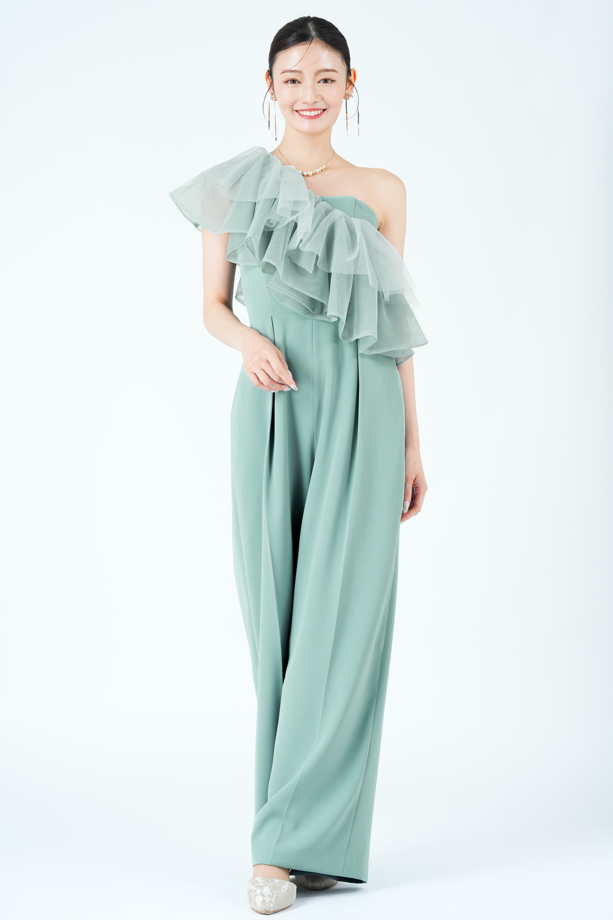 立体フリルカラーブルーグリーンパンツドレス