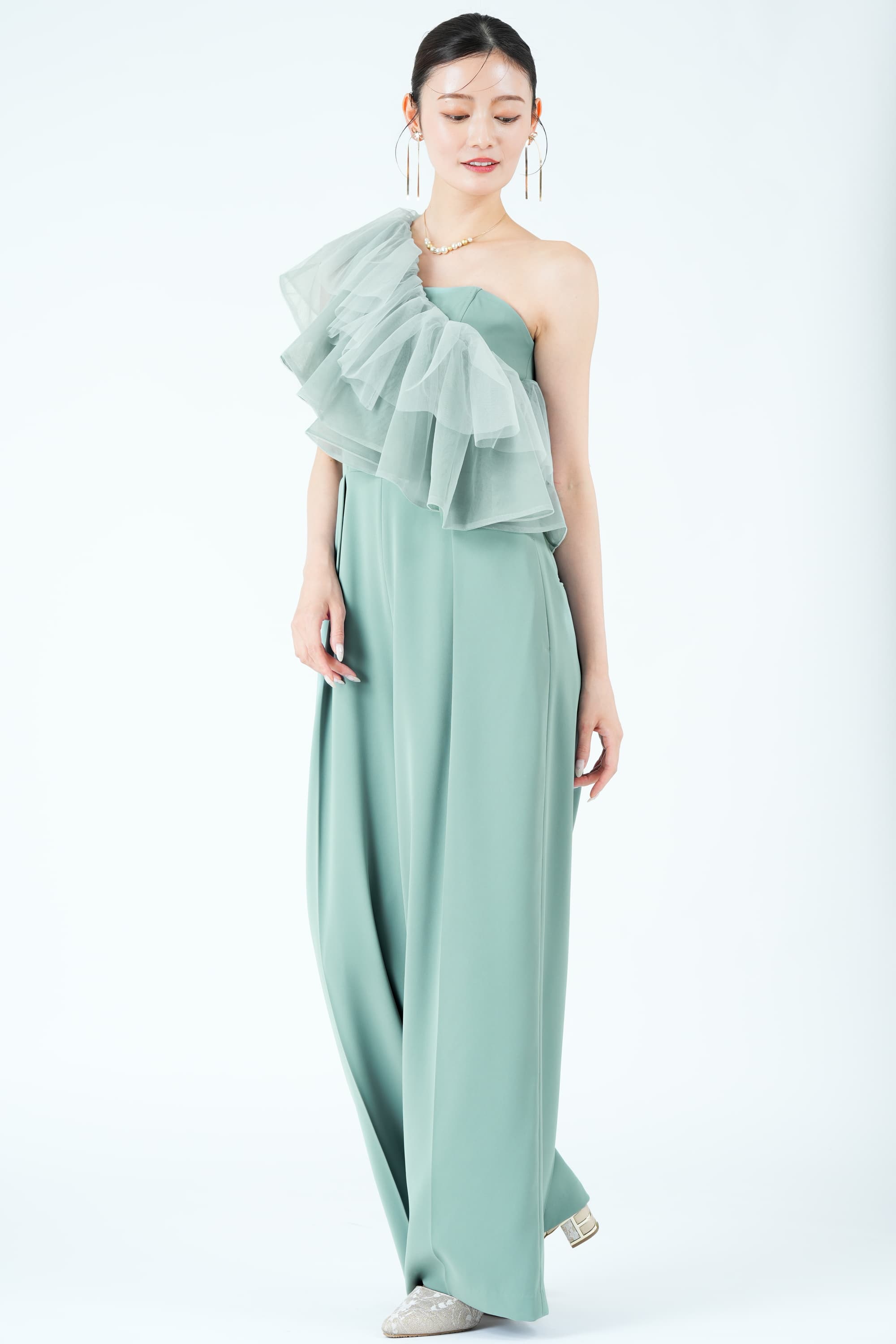 LAGUNAMOON 立体フリルカラーブルーグリーンパンツドレス (M) を