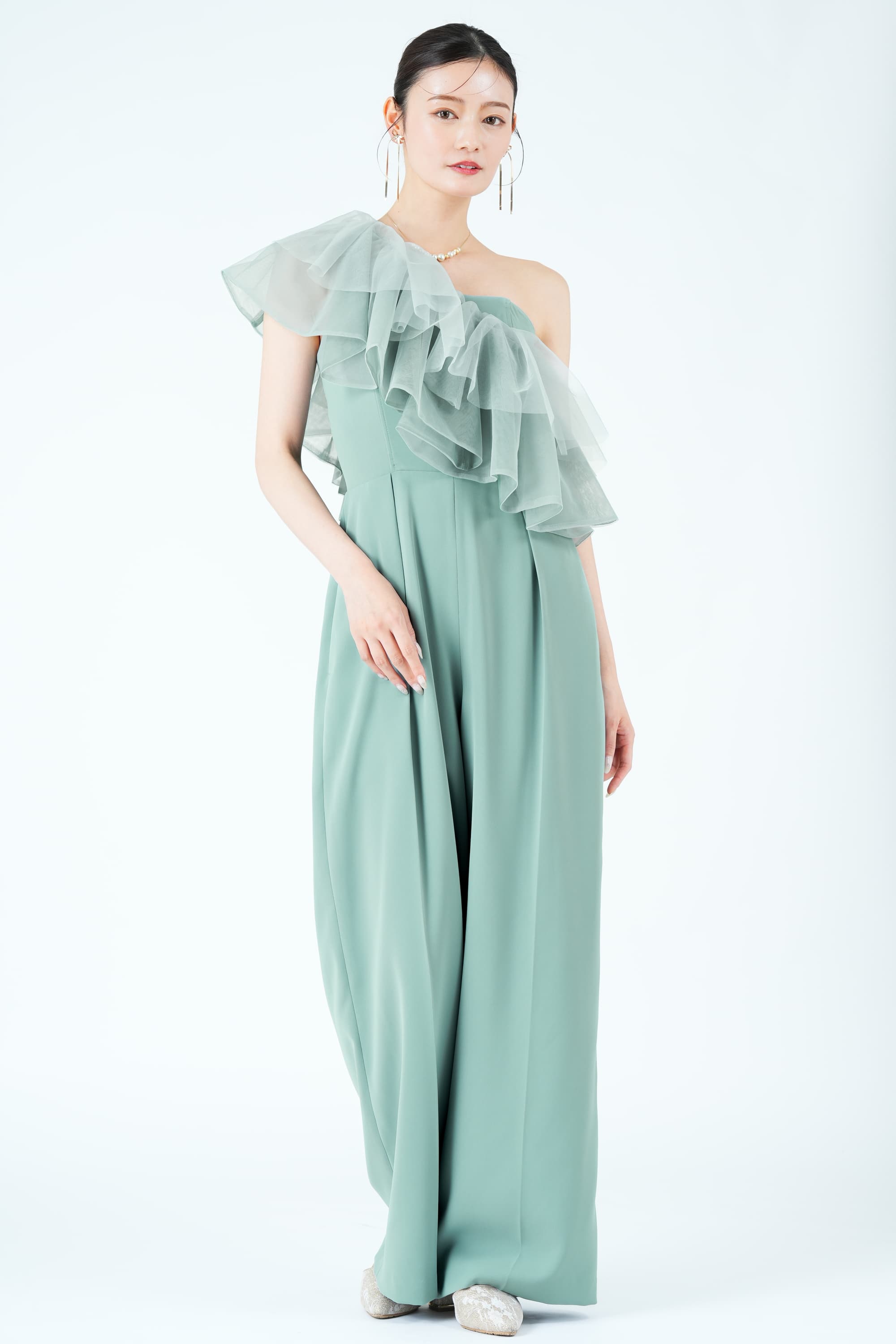 立体フリルカラーブルーグリーンパンツドレス