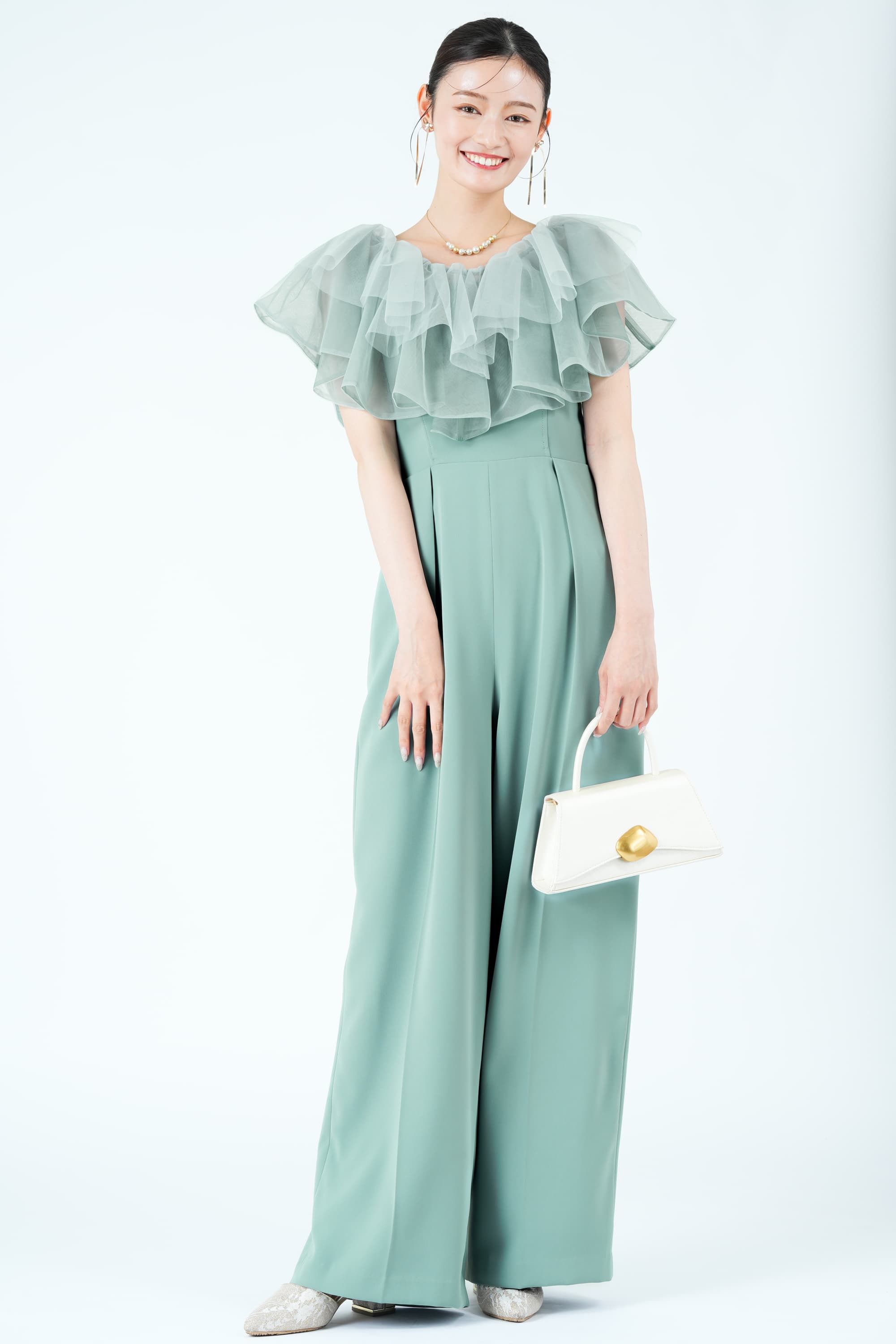 立体フリルカラーブルーグリーンパンツドレス