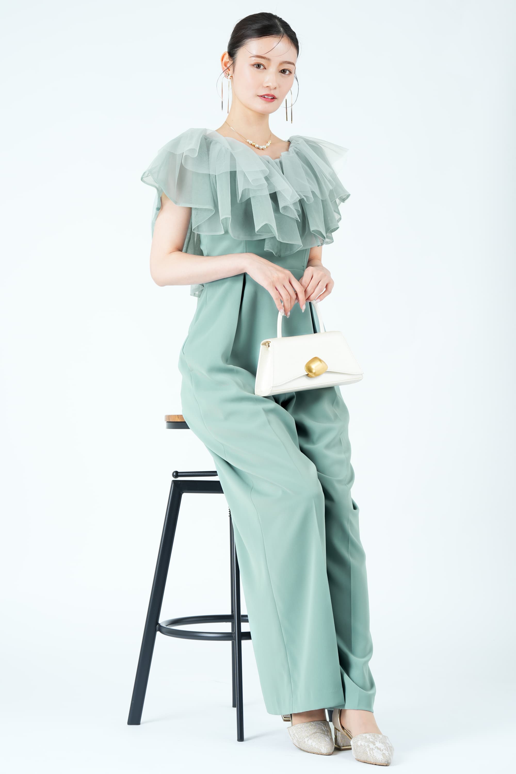 立体フリルカラーブルーグリーンパンツドレス