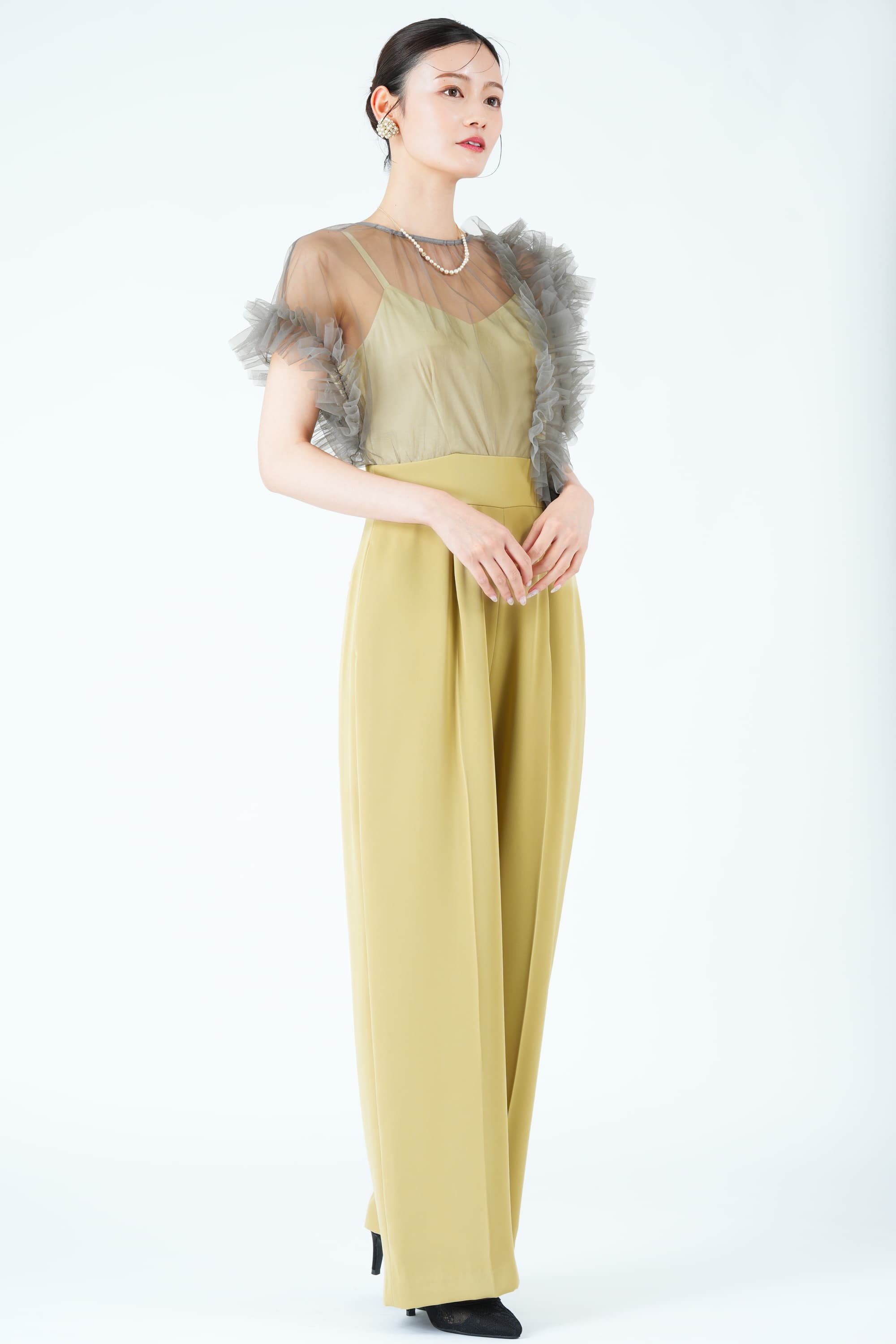 アシメチュール袖イエローパンツドレス