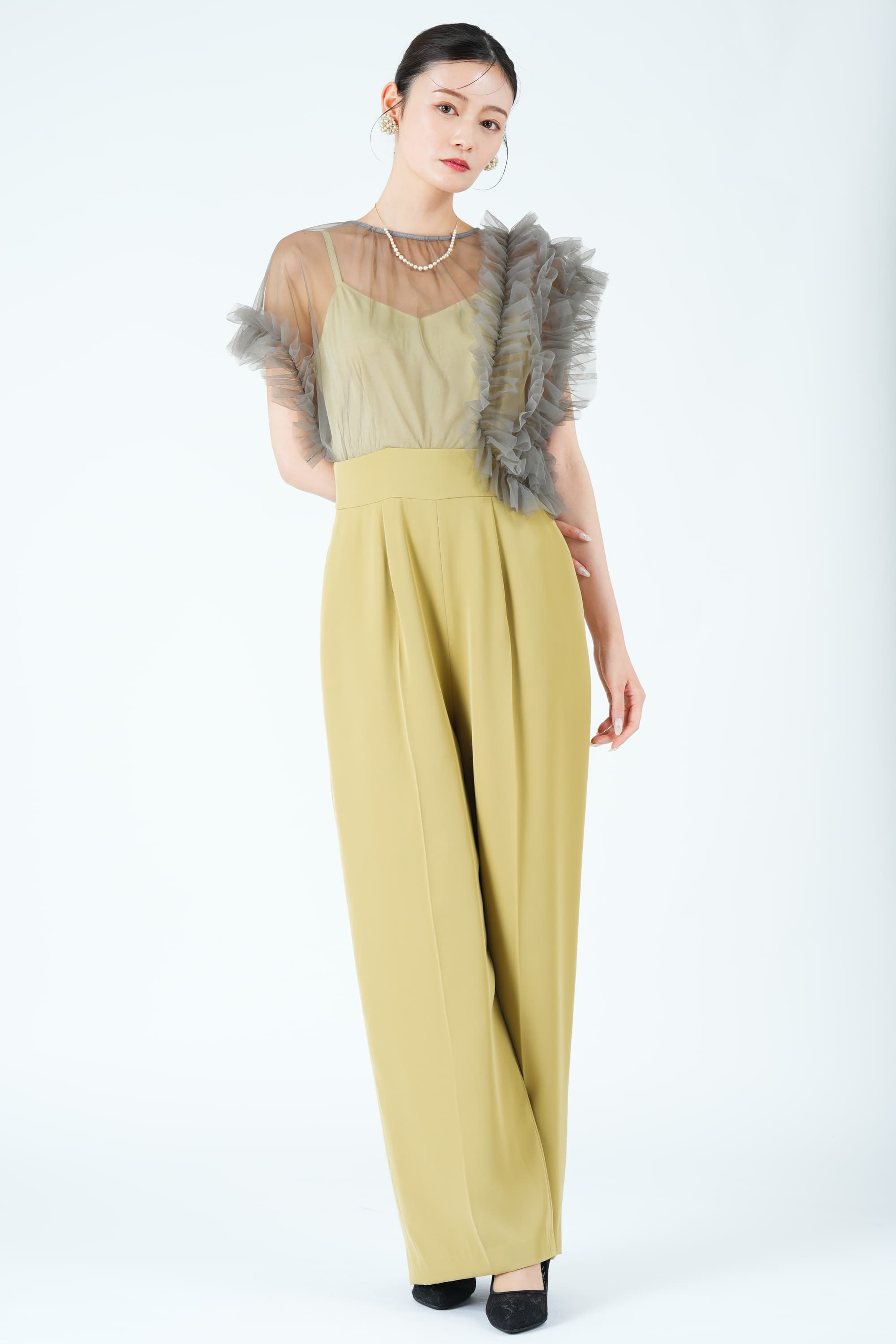 アシメチュール袖イエローパンツドレス