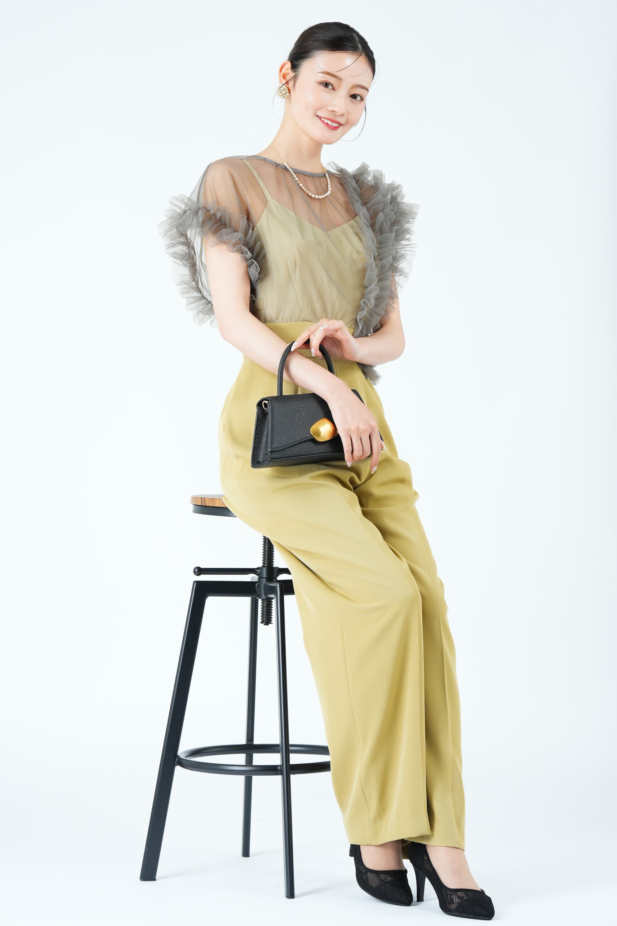 アシメチュール袖イエローパンツドレス