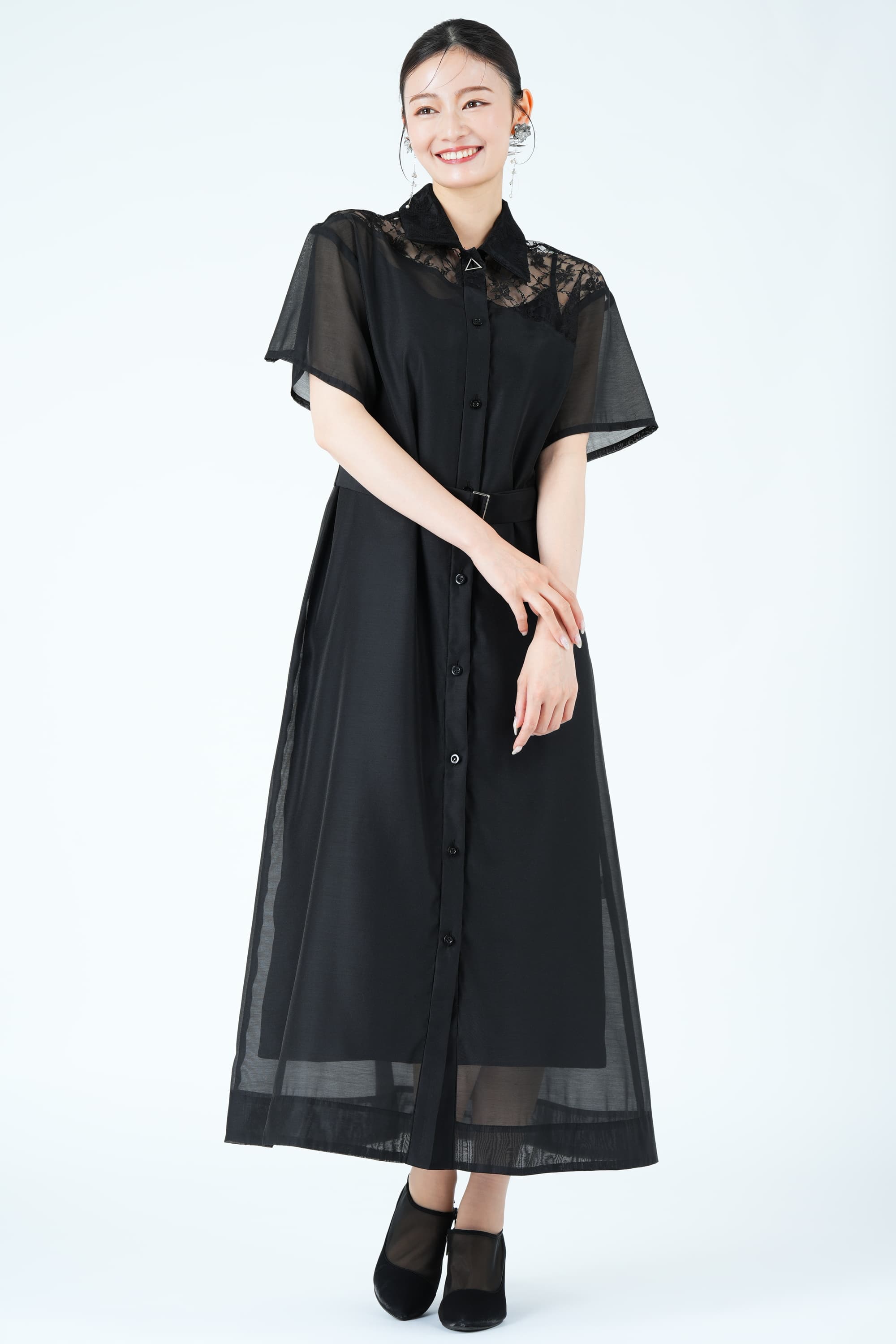 異素材ドッキングシアーブラックドレス