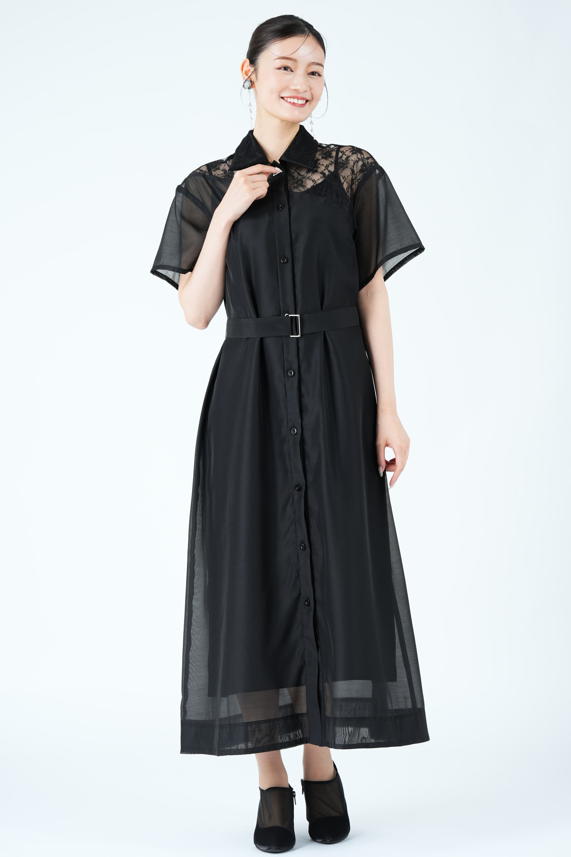 異素材ドッキングシアーブラックドレス