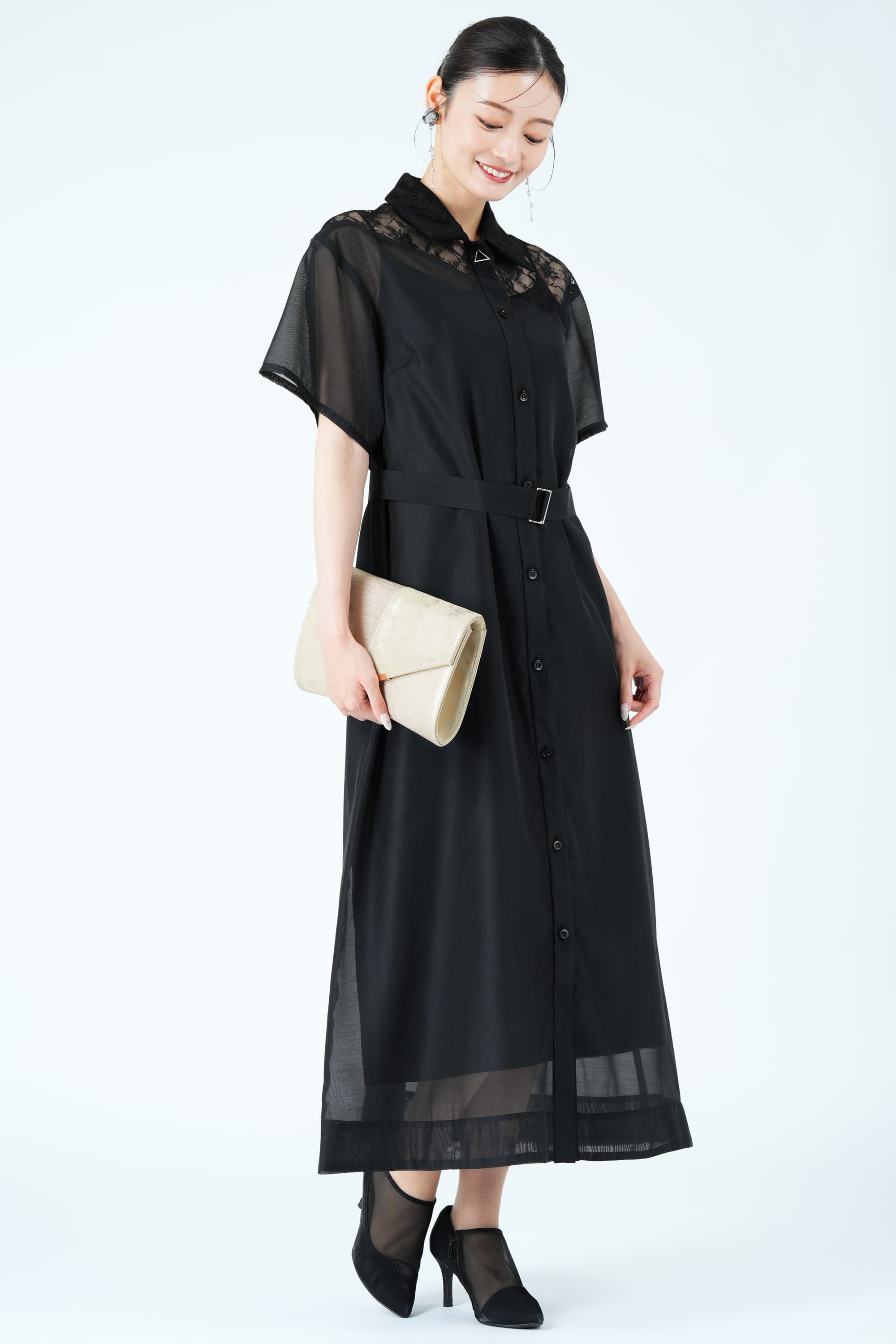 異素材ドッキングシアーブラックドレス