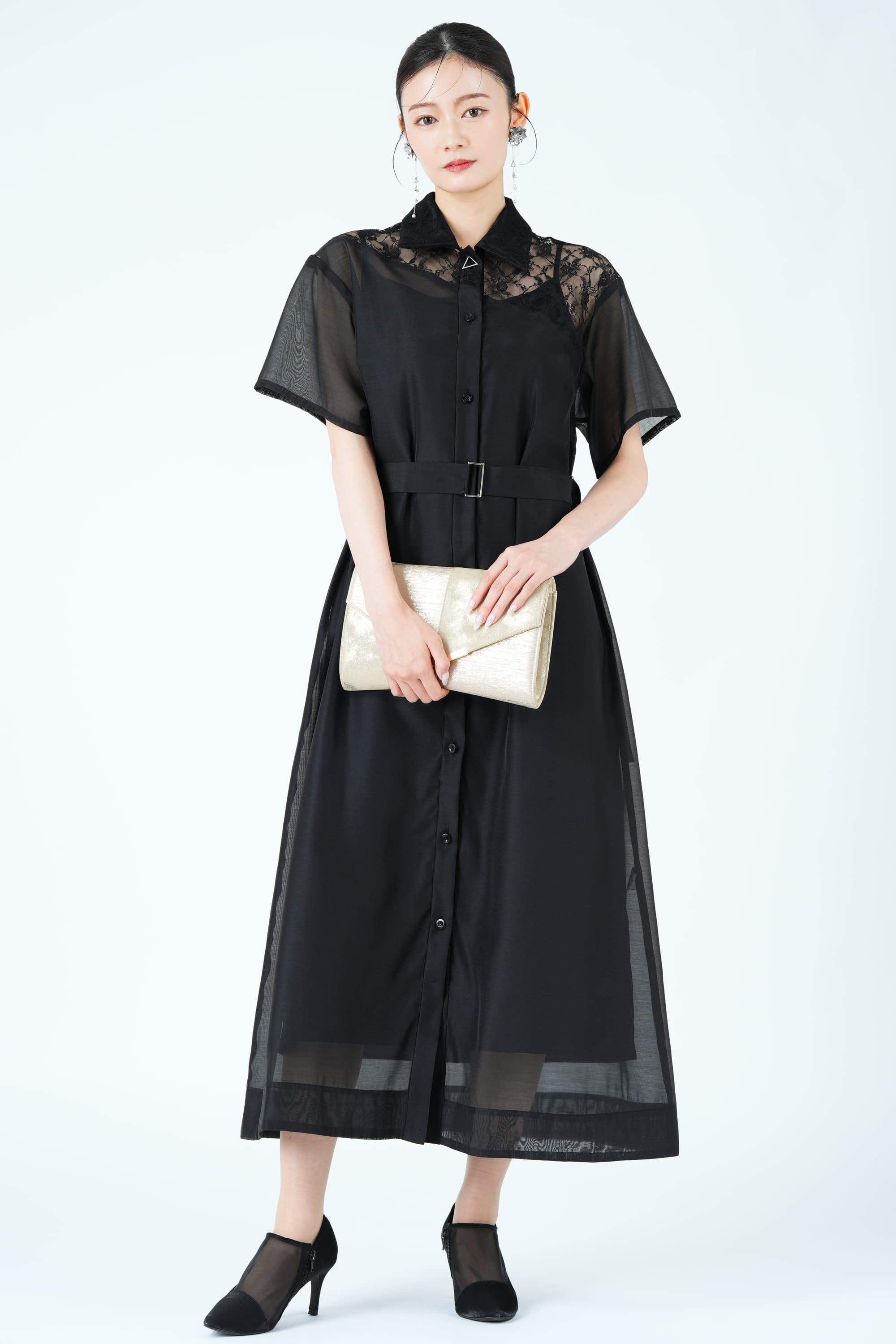 異素材ドッキングシアーブラックドレス