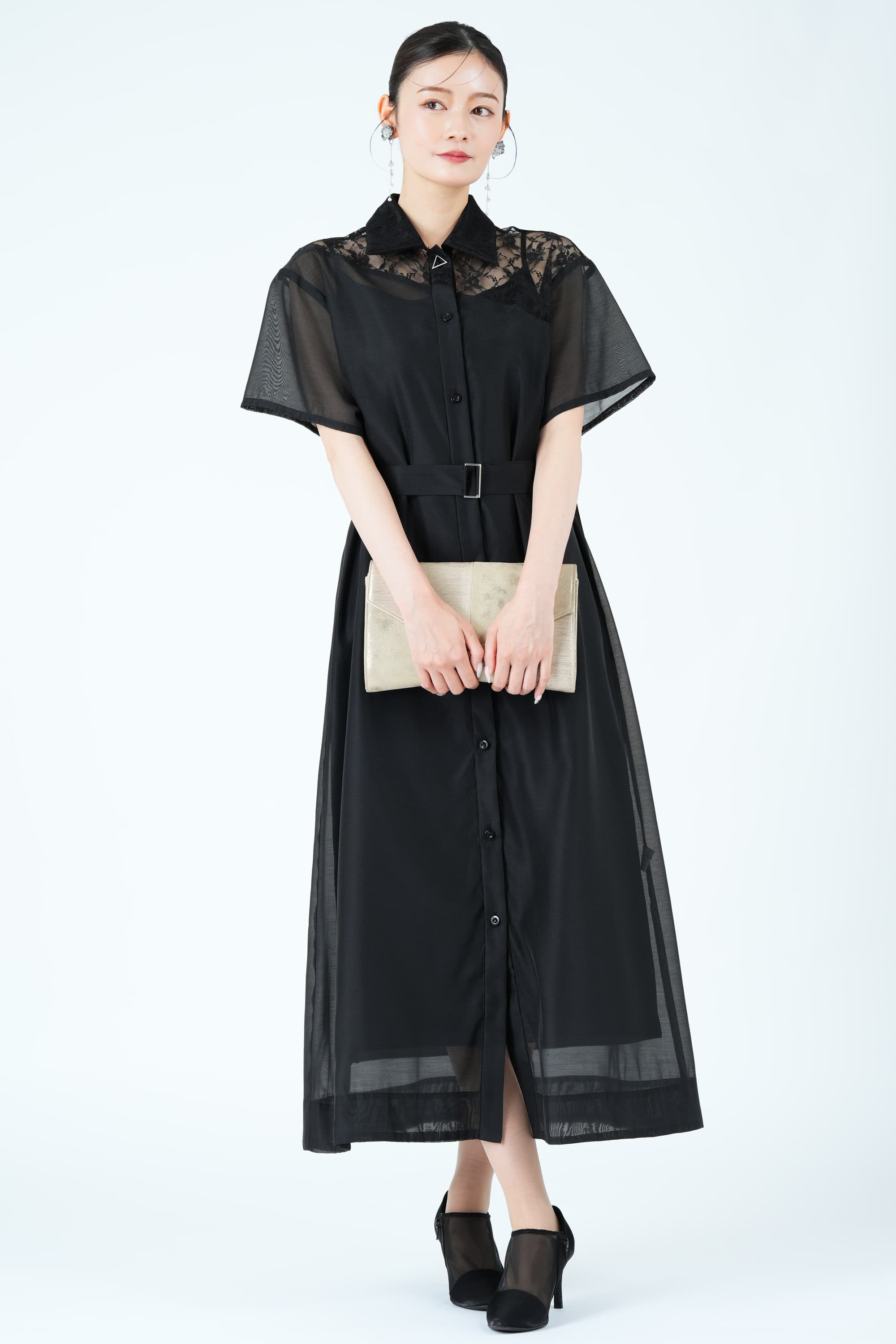 異素材ドッキングシアーブラックドレス