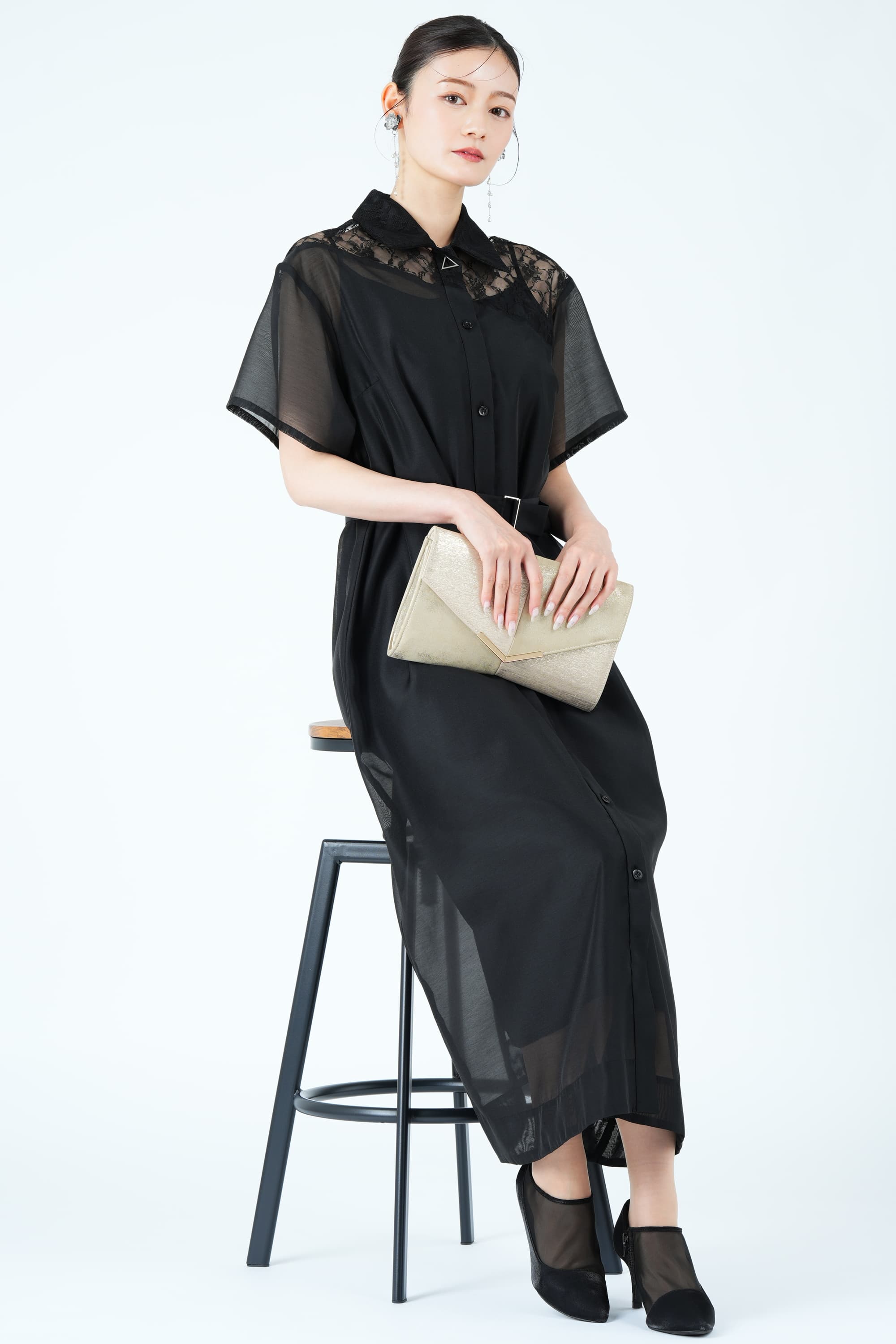 異素材ドッキングシアーブラックドレス