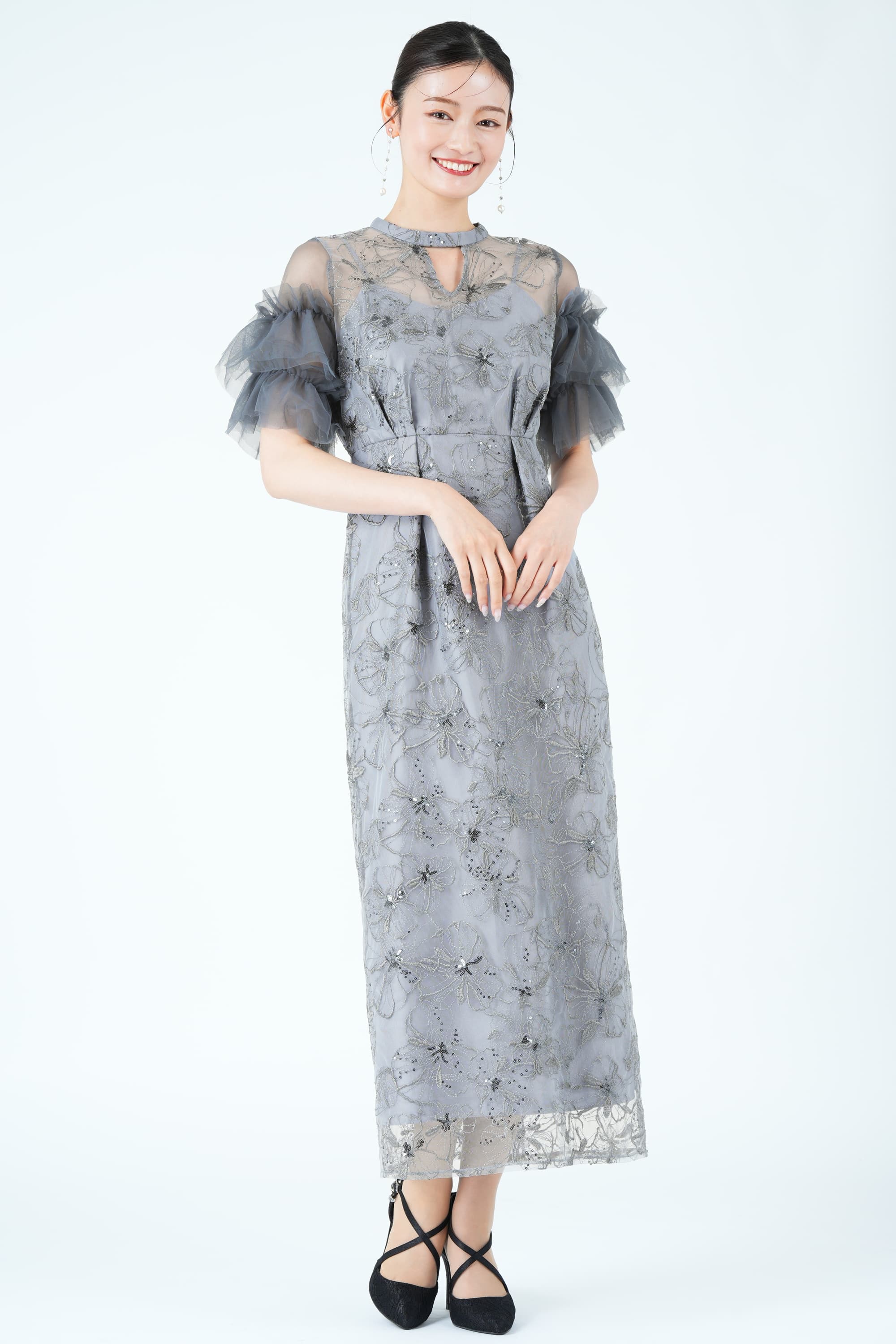 フラワー刺繍スパークルブルードレス