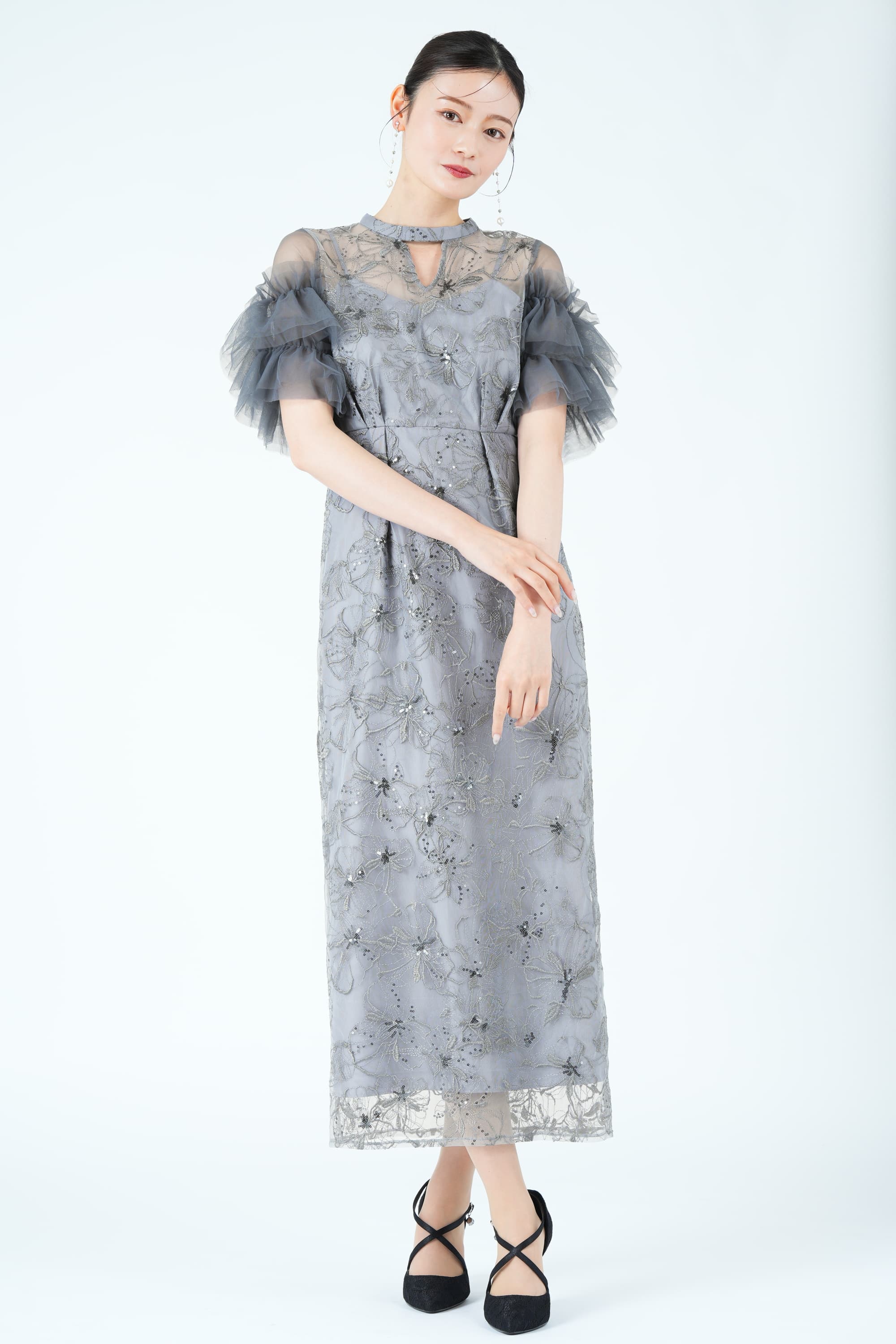 フラワー刺繍スパークルブルードレス