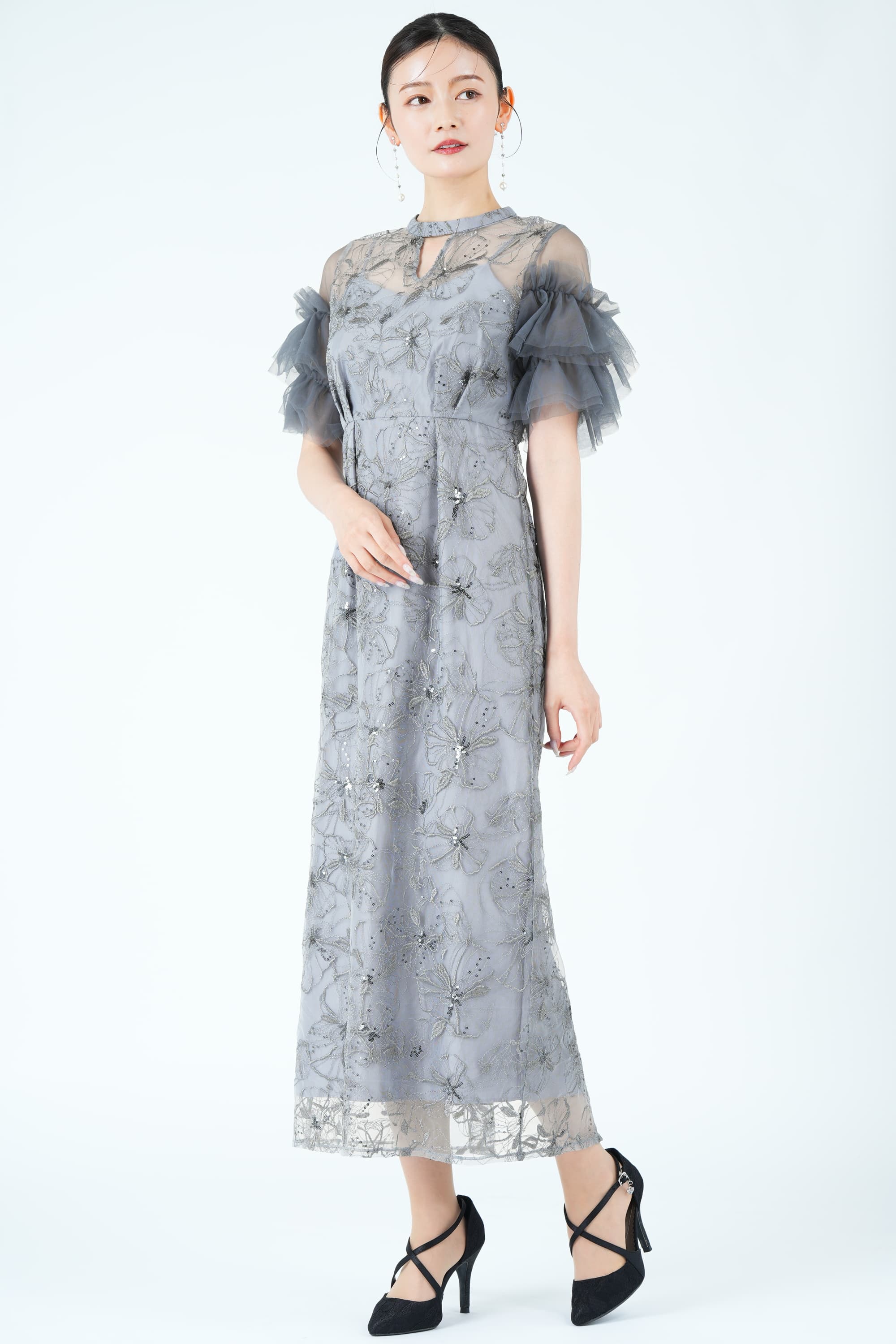 フラワー刺繍スパークルブルードレス