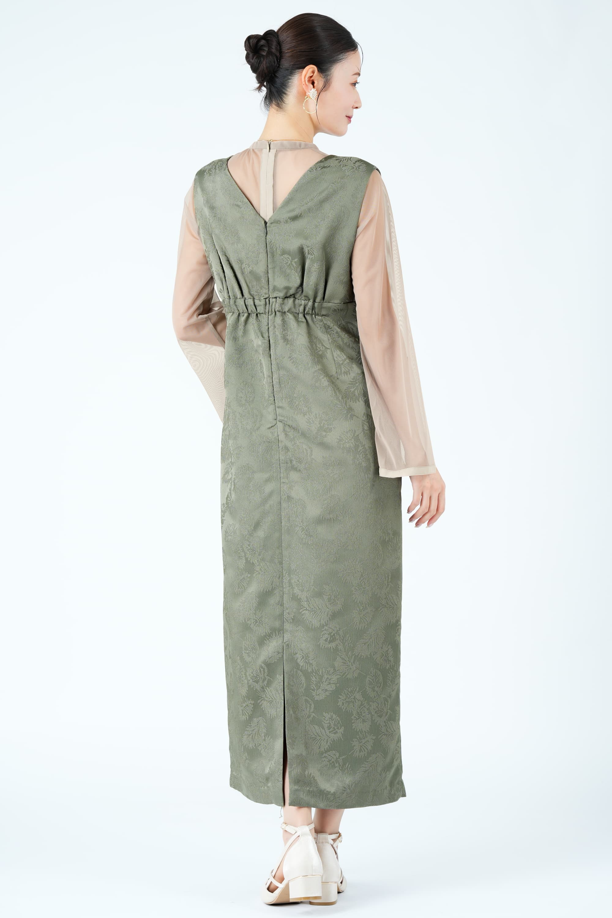 リーフ柄ジャガードジャンスカカーキドレス