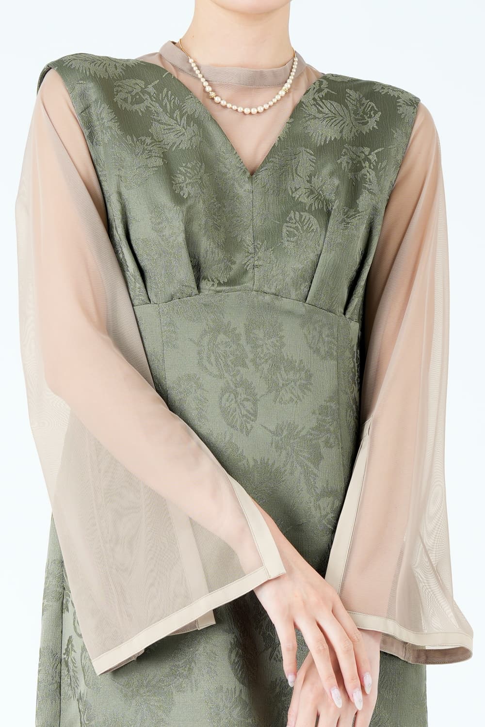 リーフ柄ジャガードジャンスカカーキドレス