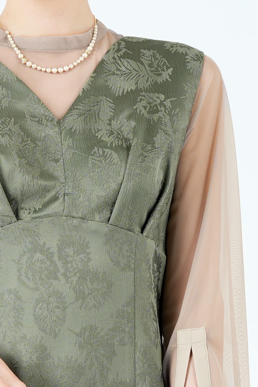 リーフ柄ジャガードジャンスカカーキドレス