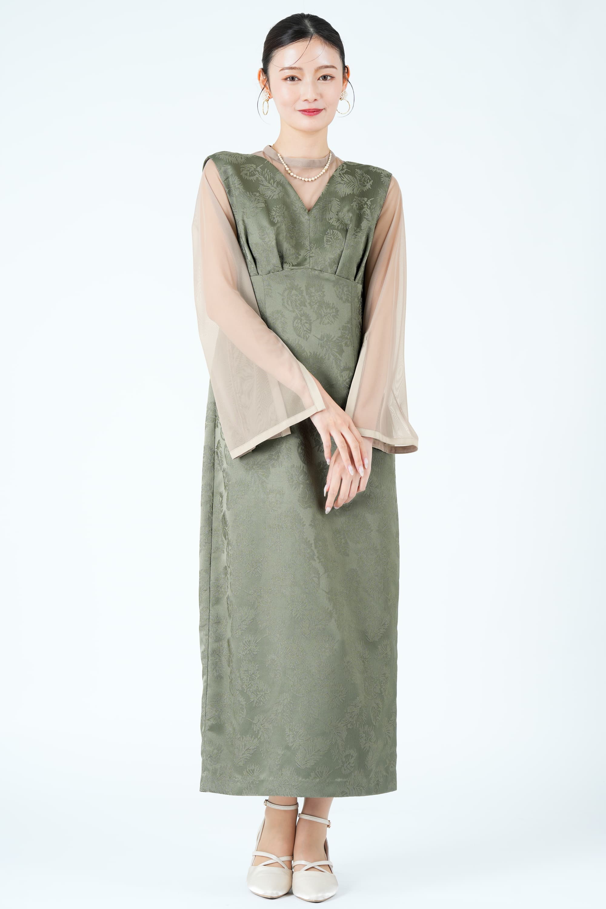 リーフ柄ジャガードジャンスカカーキドレス