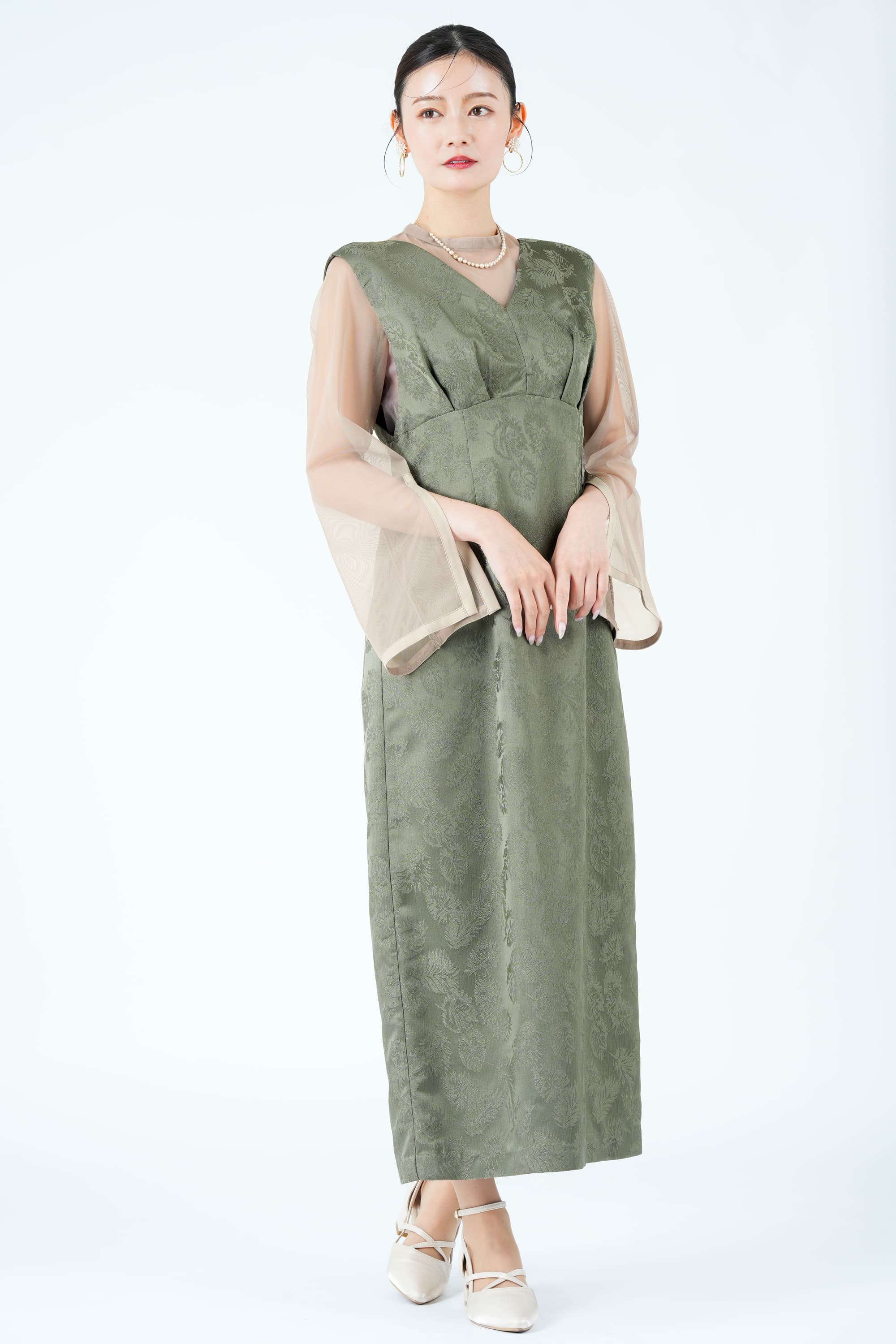 リーフ柄ジャガードジャンスカカーキドレス