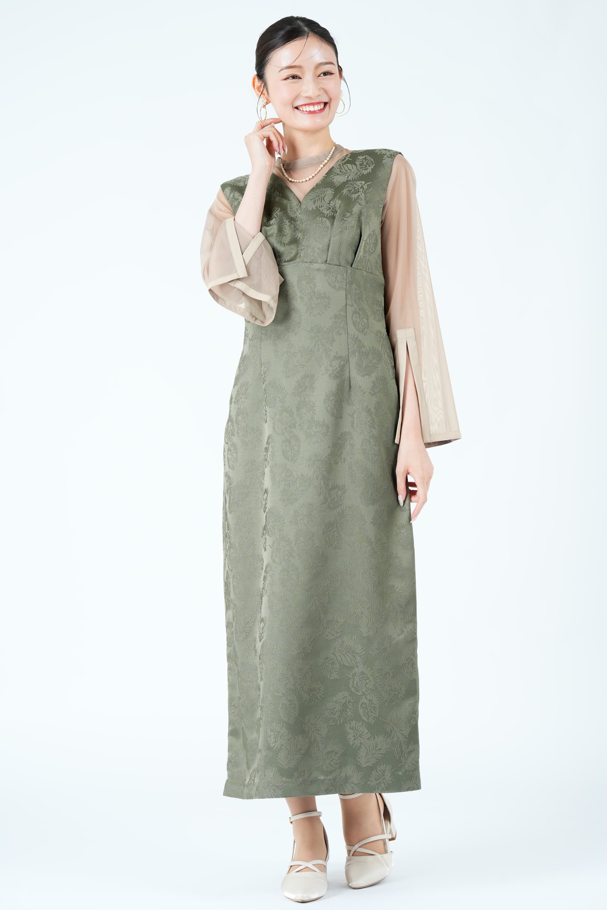 リーフ柄ジャガードジャンスカカーキドレス