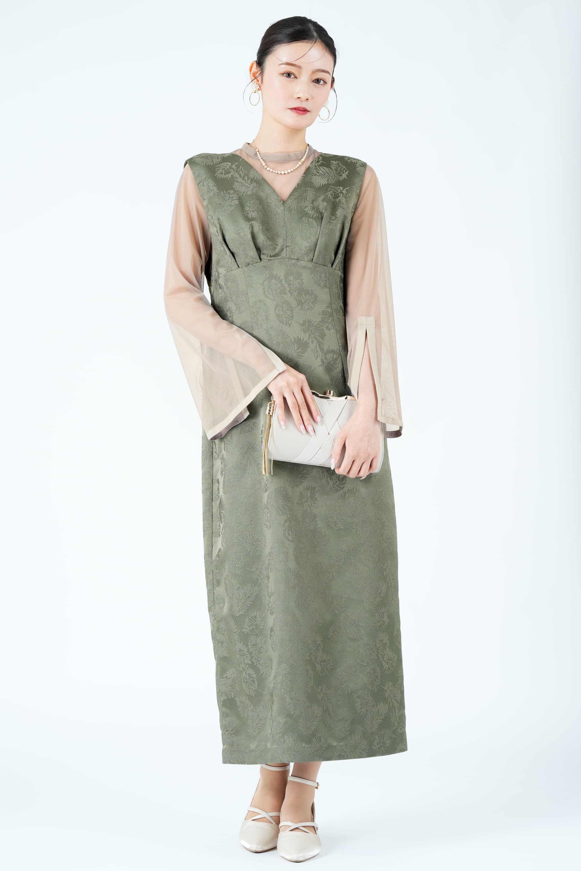 リーフ柄ジャガードジャンスカカーキドレス