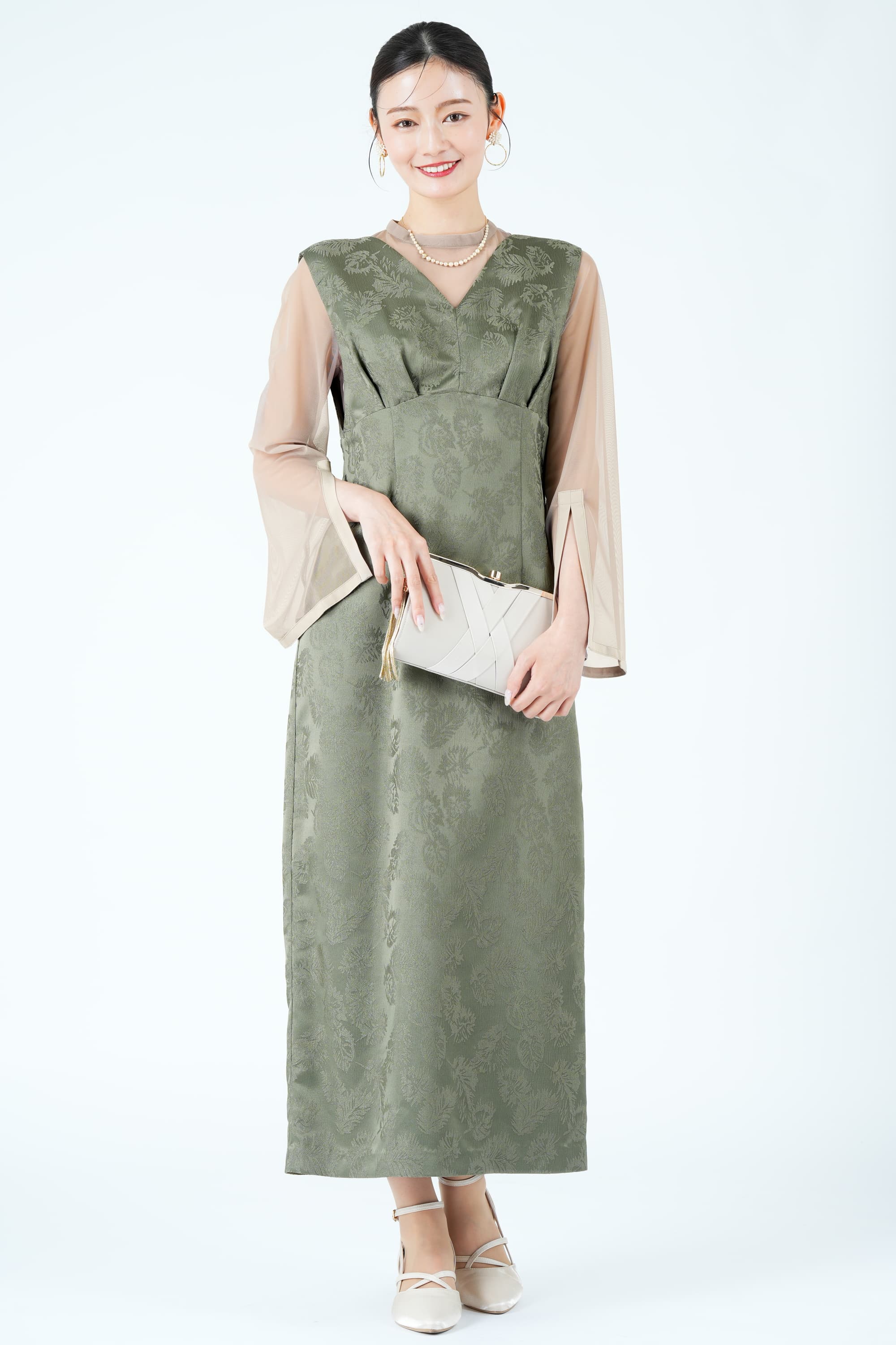 リーフ柄ジャガードジャンスカカーキドレス