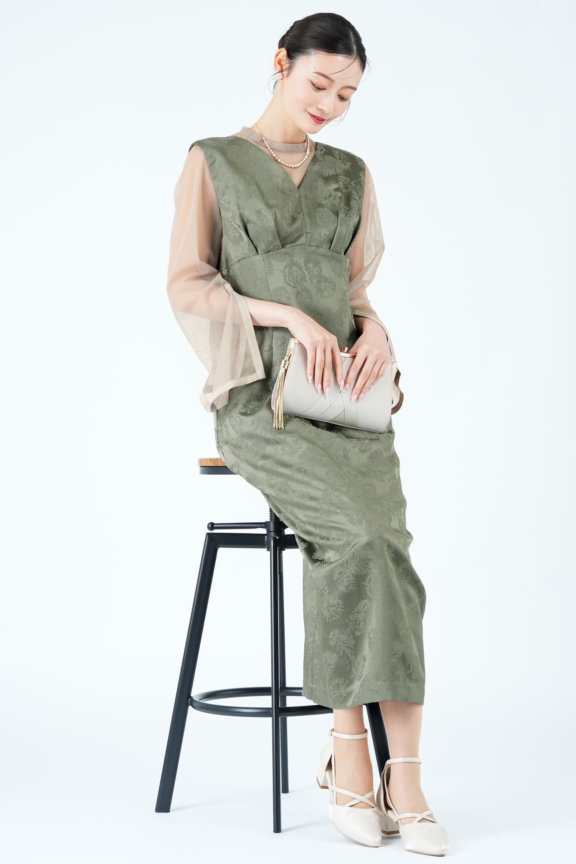 リーフ柄ジャガードジャンスカカーキドレス