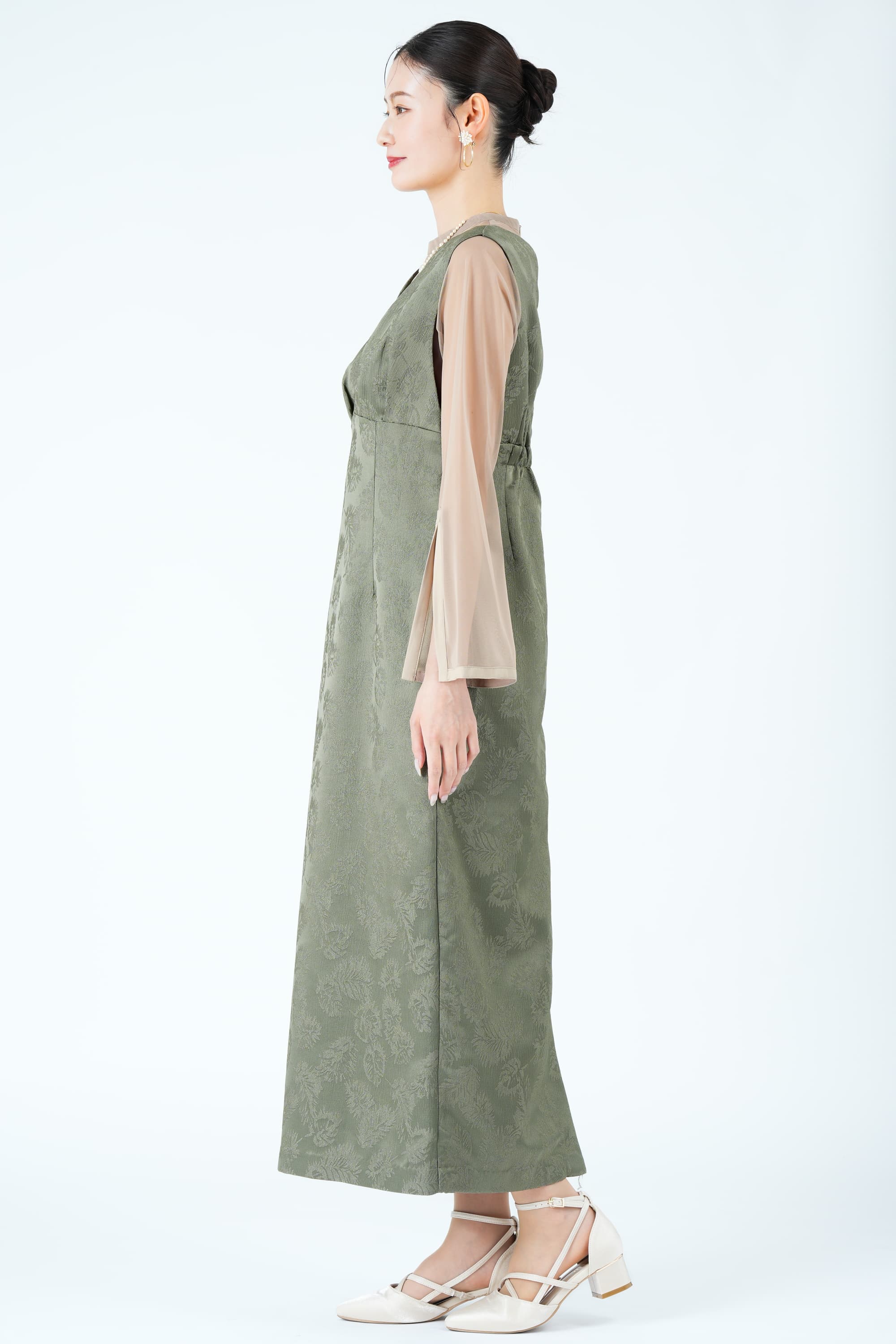 リーフ柄ジャガードジャンスカカーキドレス