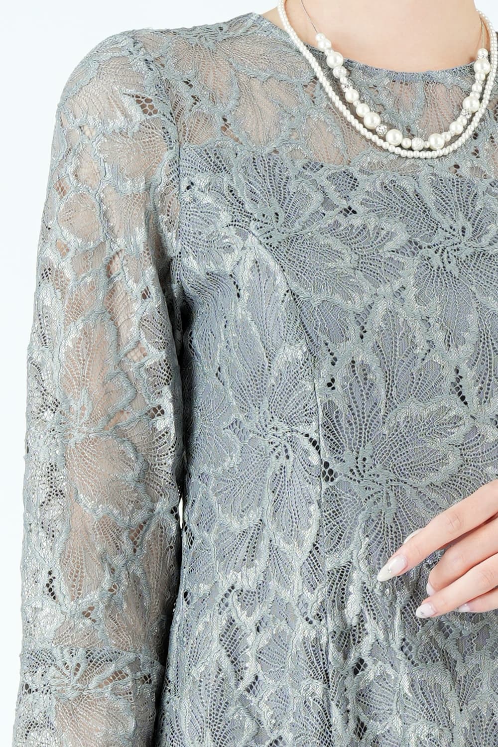 陰影フラワーレースくすみブルードレス