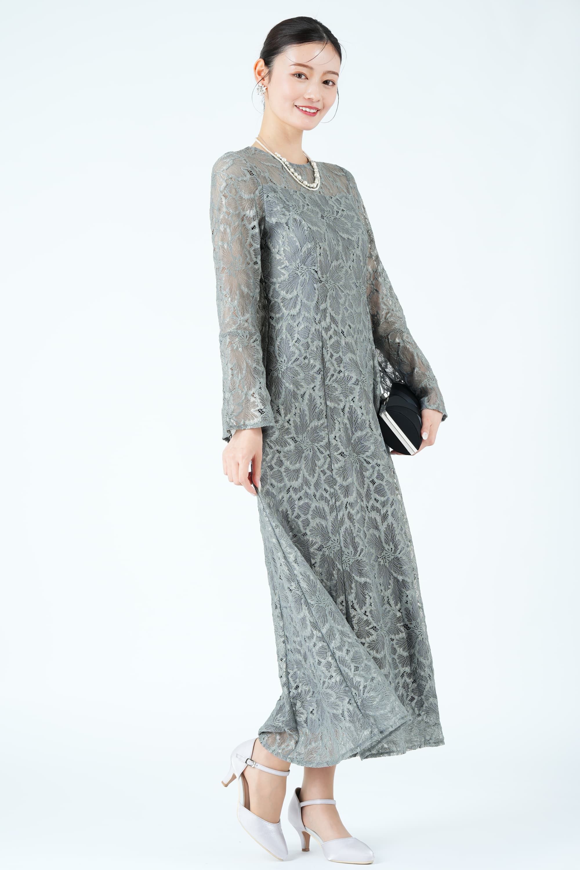 陰影フラワーレースくすみブルードレス