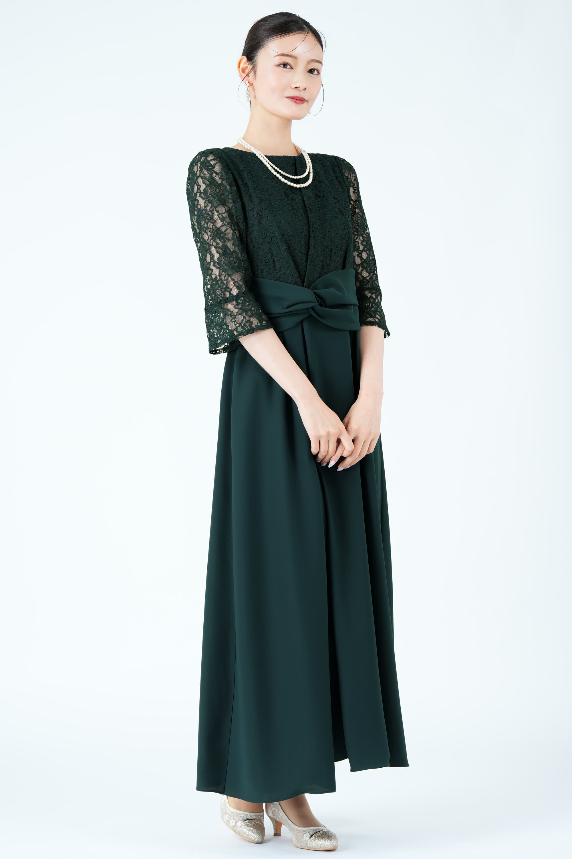 クロスウエストラップ風グリーンドレス