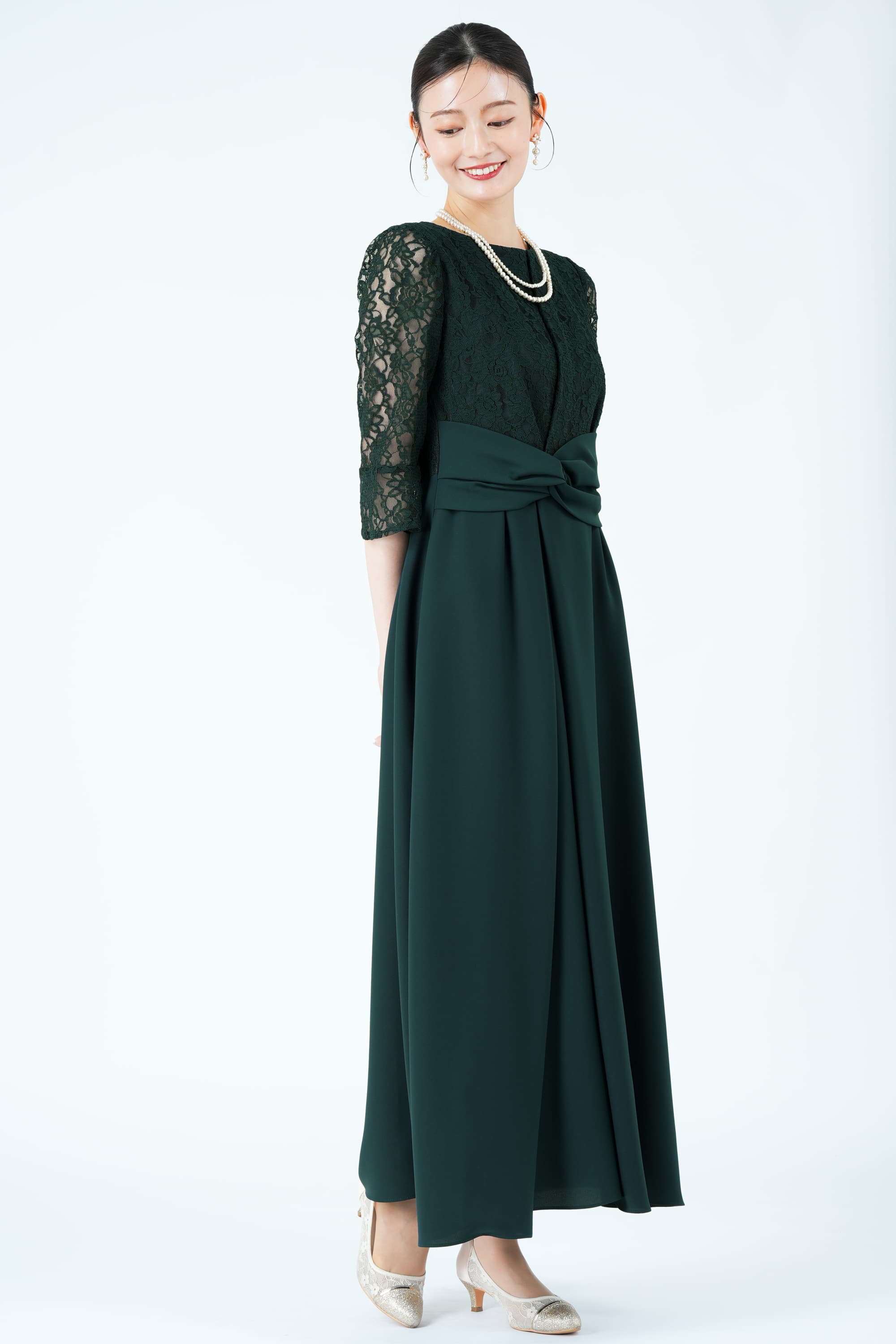 クロスウエストラップ風グリーンドレス