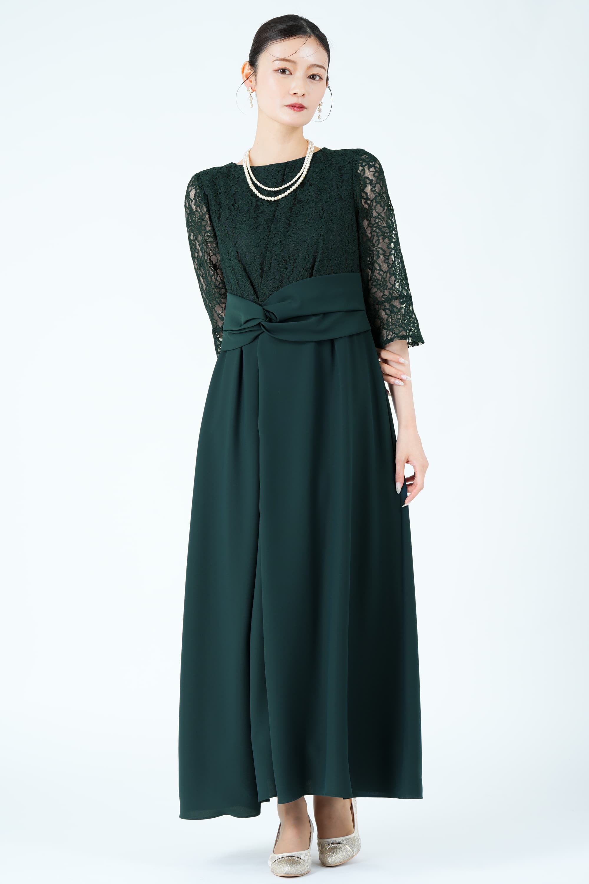 クロスウエストラップ風グリーンドレス