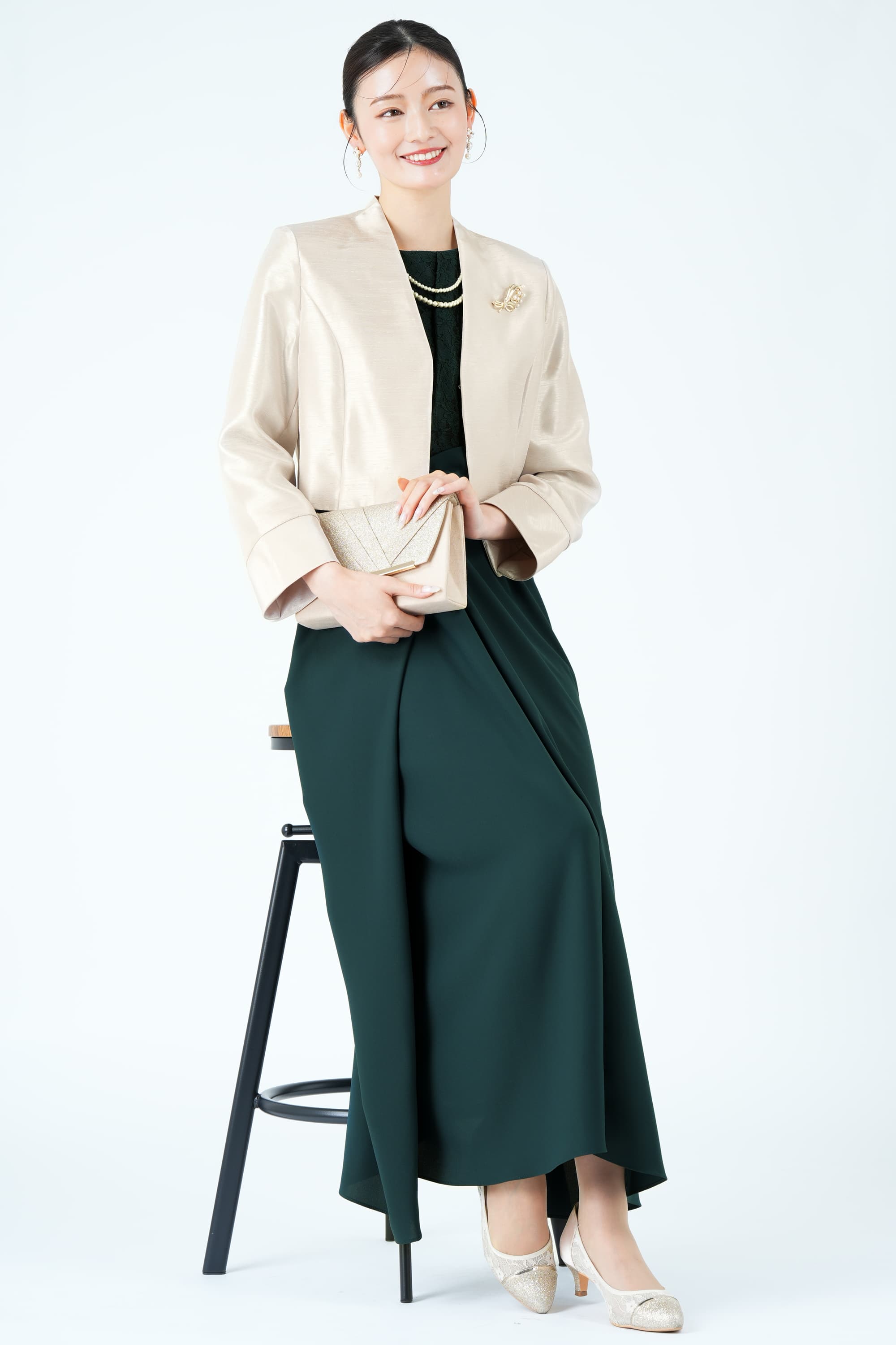 クロスウエストラップ風グリーンドレス